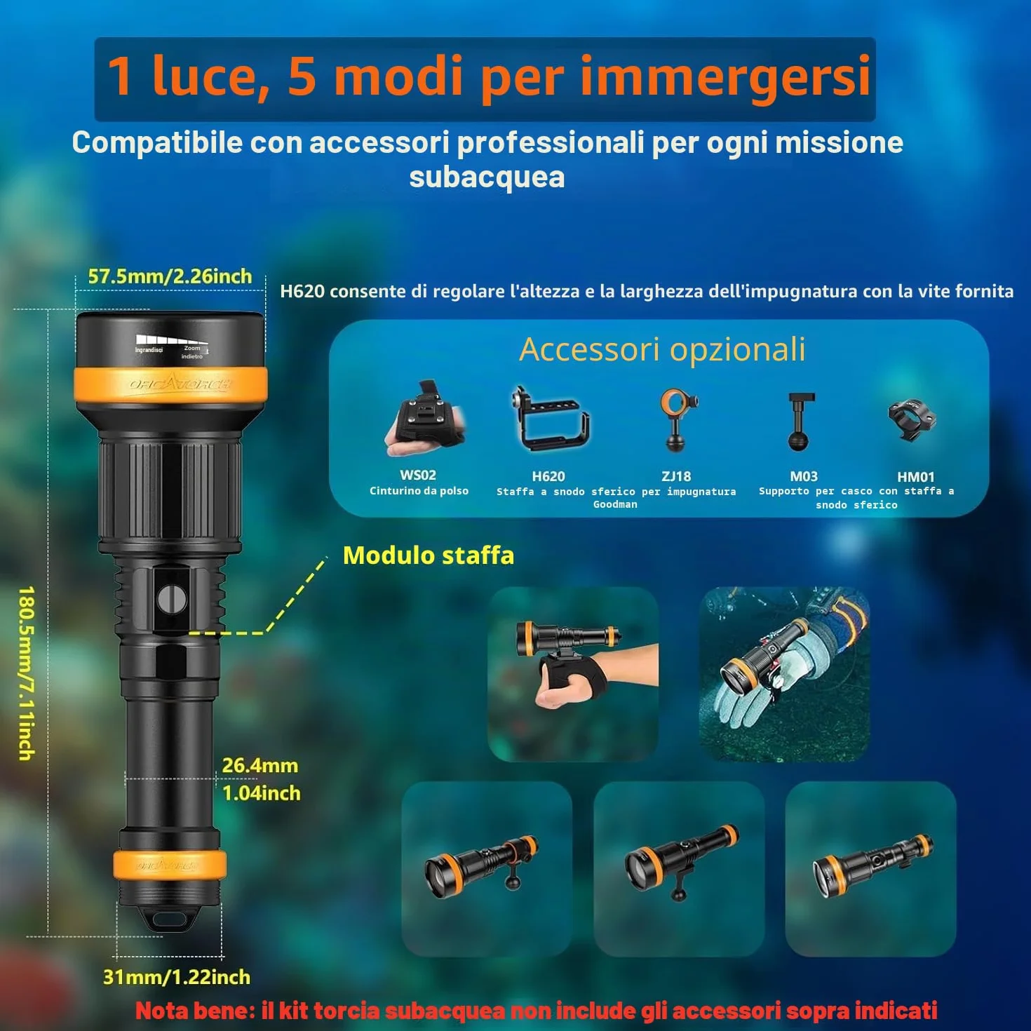 ORCATORCH ZD710MK2 Torcia Subacquea 1500 Lumen LED 4°-72° Zoom IP68 Impermeabile 150M
