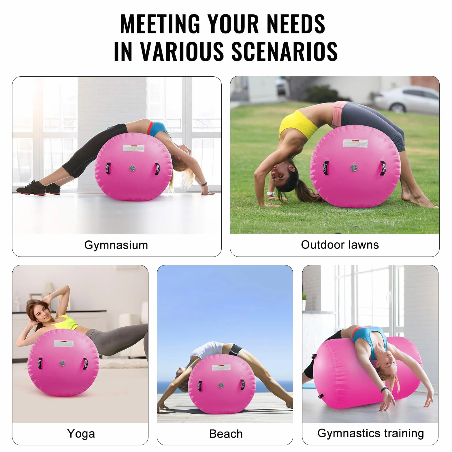 VEVOR Tappetino ad Aria Rullo ad Aria Gonfiabile Rotondo, Attrezzatura da Ginnastica con Canna d'Aria con Pompa Elettrica, Uso Domestico/Palestra/Yoga/Cheerleader/Spiaggia/Parco/Acqua, Rosa