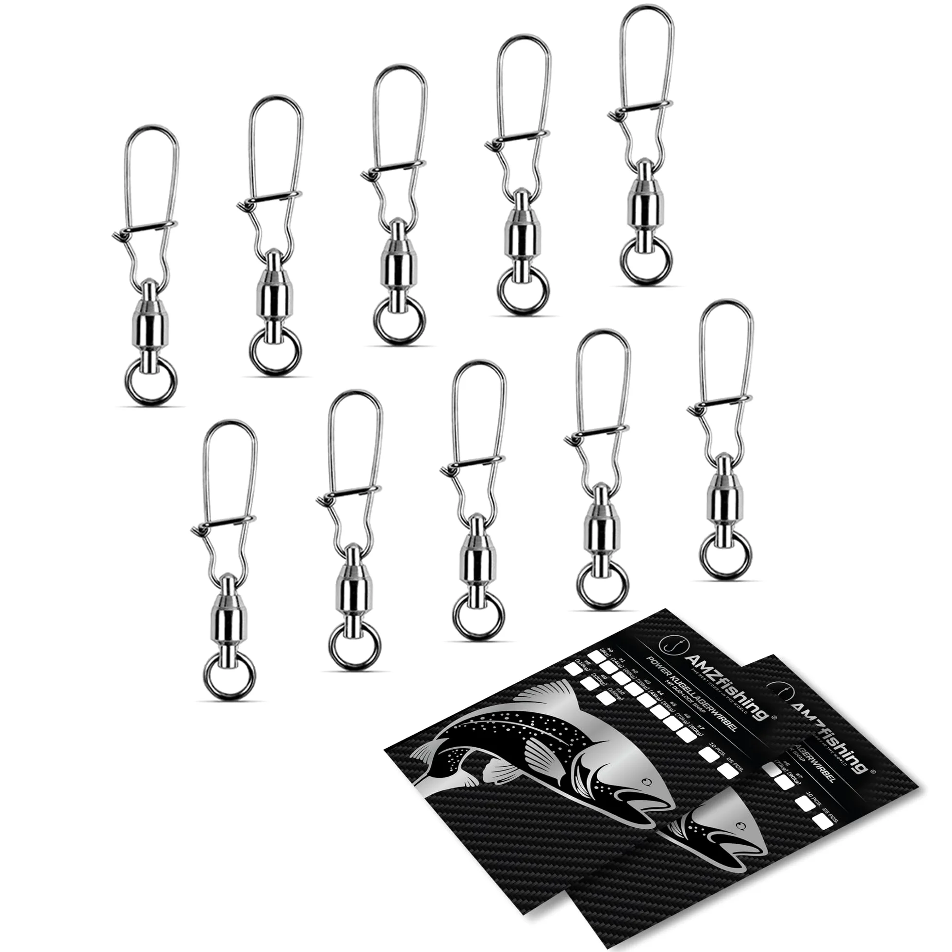 AMZfishing® 10x o 25x Girelle a cuscinetto con Fast-Lock in 11 dimensioni | Girelle con moschettone per pesca | Set di girelle da pesca | Girelle per pesca Girelle da acqua salata