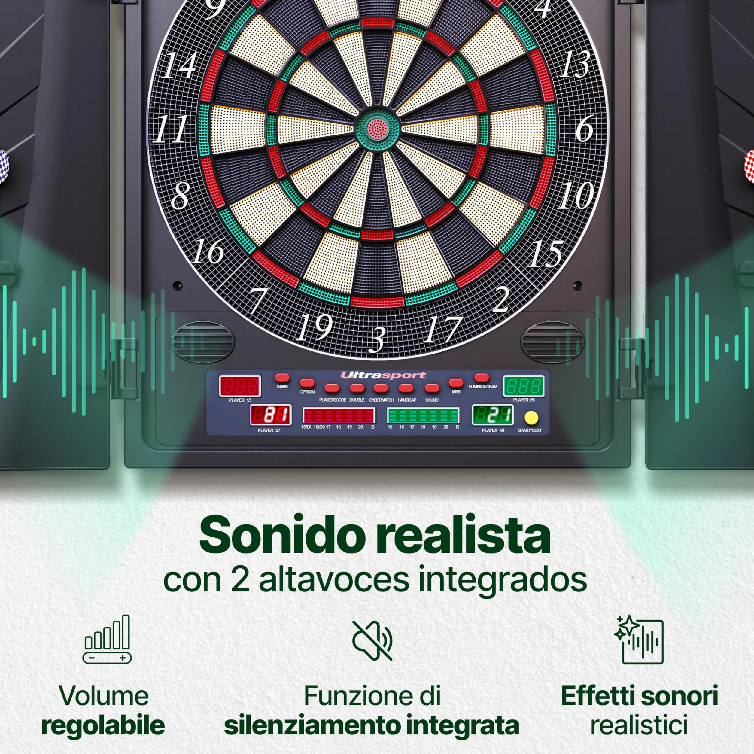 Ultrasport Tavola da Freccette Elettronica, 38 Giochi, 12 Freccette, 100 Punte morbide, LED