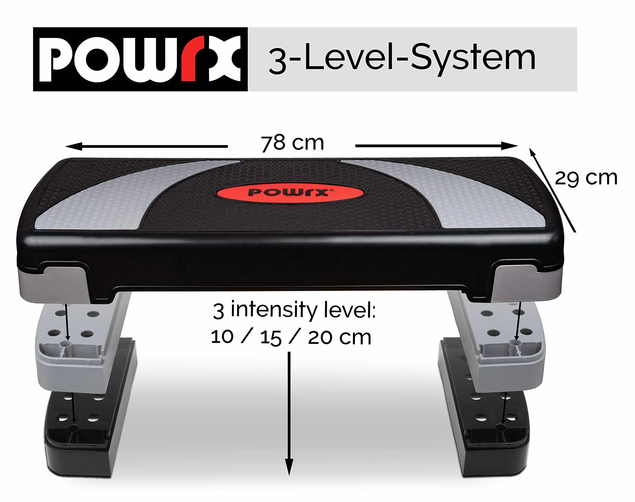 POWRX Step fitness aerobica XL 78 x 29 cm Stepper regolabile antiscivolo Nero Grigio