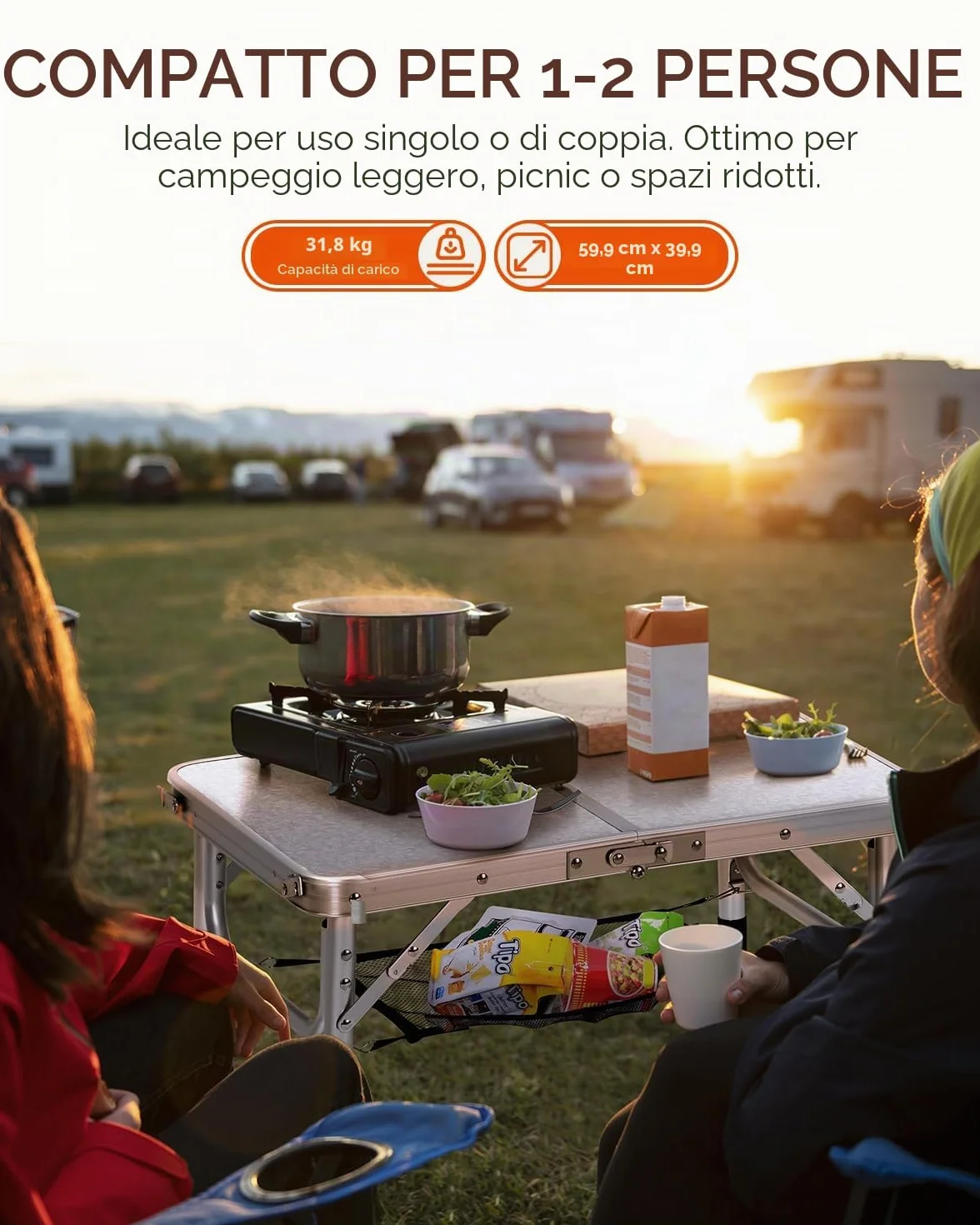 Sportneer Pieghevole Tavolino da Campeggio 60×40 cm Regolabile in Altezza 4 Altezze Portatile Bianco