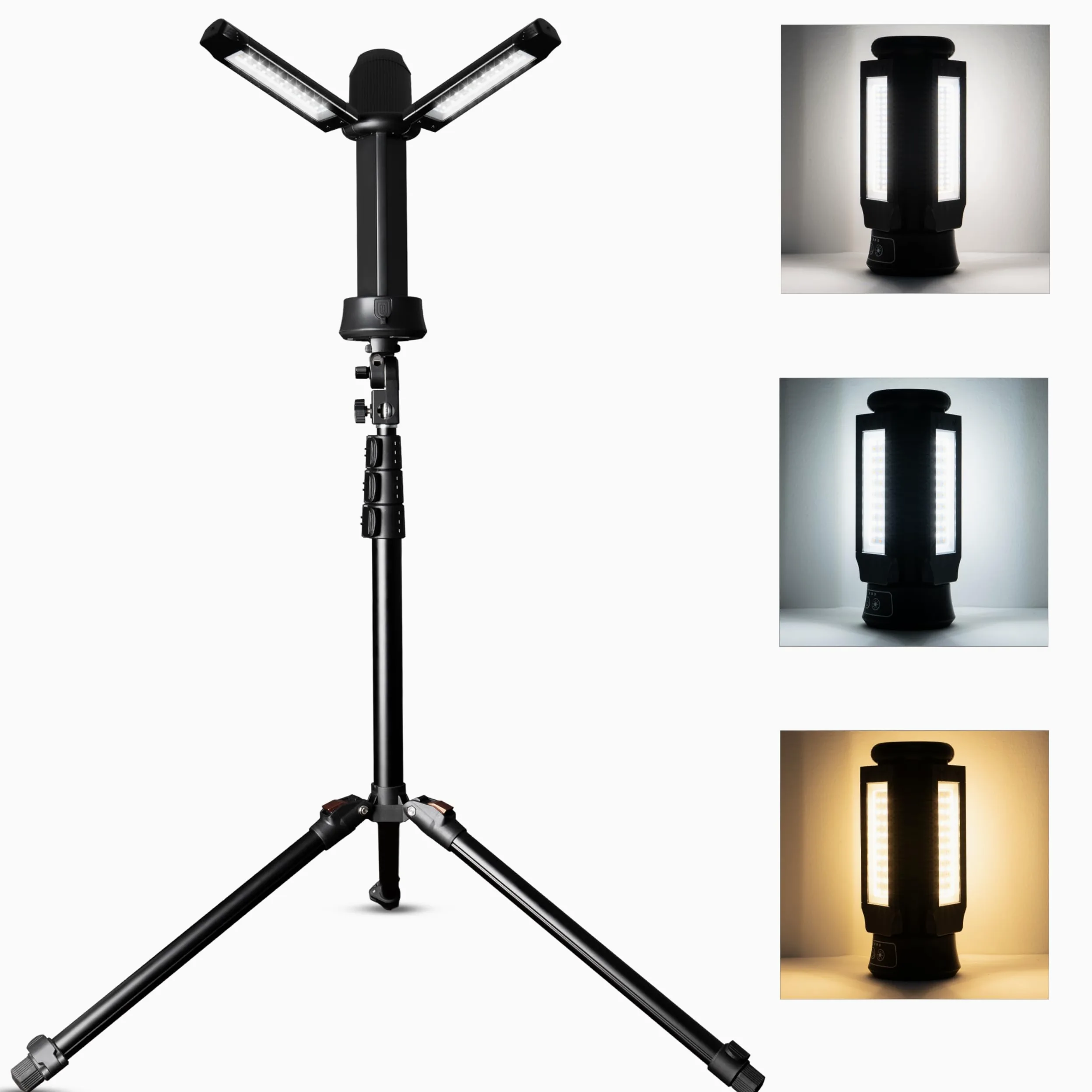 Lampada da campeggio a LED, 12000 mAh, ricaricabile, in alluminio nero, testa rotante a 270°, modalità a 3 colori con oscuramento, luce da lavoro portatile con treppiede, per esterni, campeggio