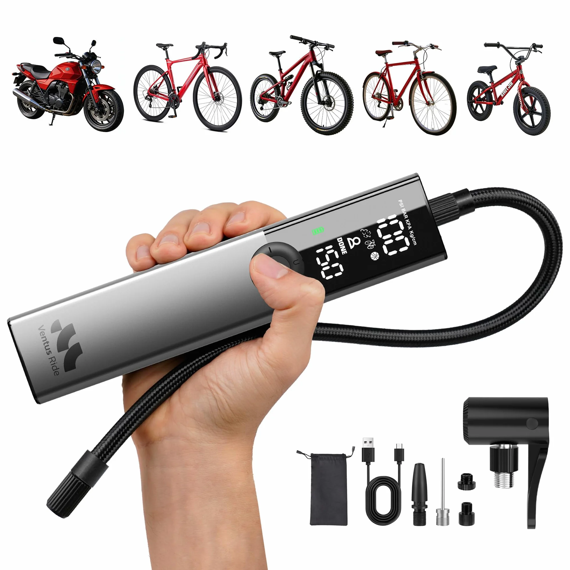 Woowind Ventus Ride Pompa Elettrica per Bicicletta, 150 PSI, 10,3 Bar, Portatile, Compressore Aria, Presta, Schrader, MTB, e-bike