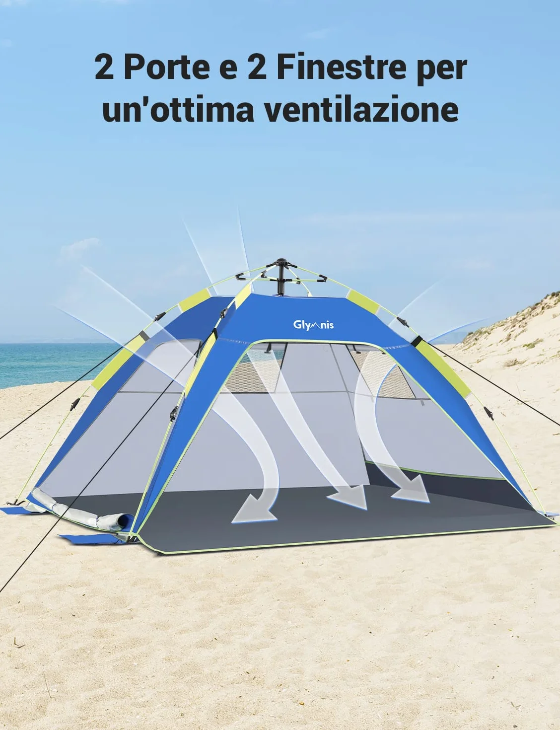 Tenda da Spiaggia Quick-up UPF 50+ 215x150x115cm 3-4 Persone con Finestre e Porte