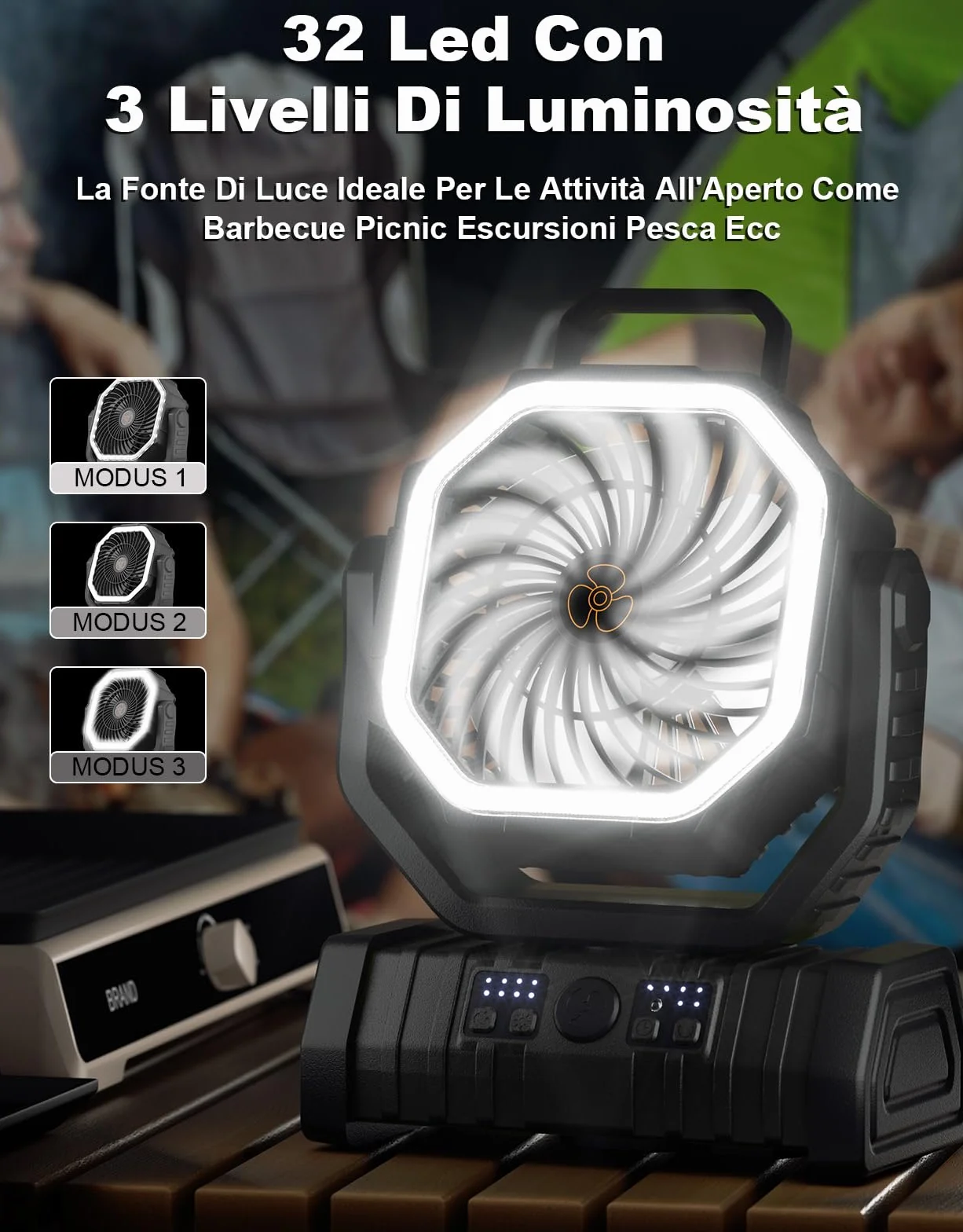 Richday 20000mAh con lanterna LED Ventilatore da campeggio Ventilatore silenzioso a 4 velocità Rotazione di 270° Ventilatore da campeggio all'aperto per uffici Tenda da camera da letto Campeggio