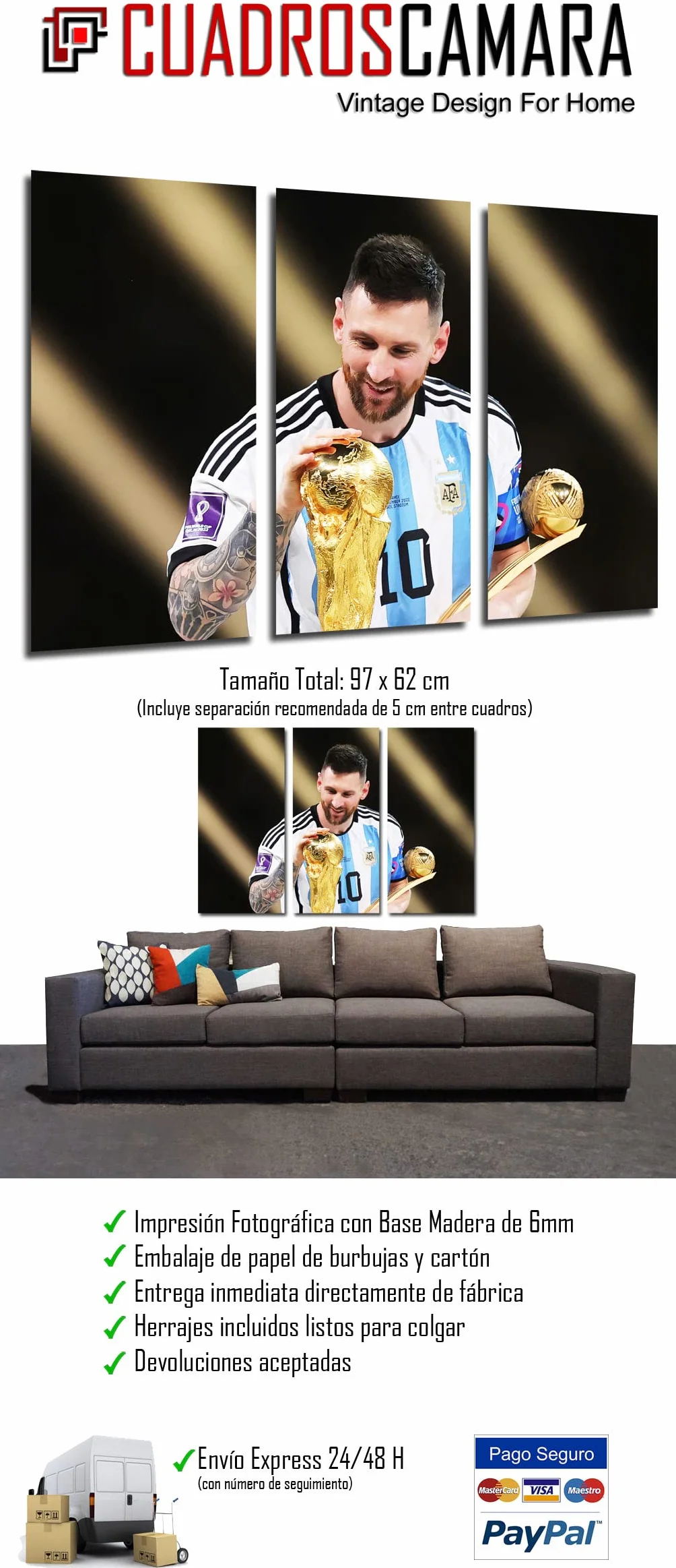 Quadro Moderno Calcio Argentina Campione del Mondo Lionel Messi Pallone Oro 97x62 cm