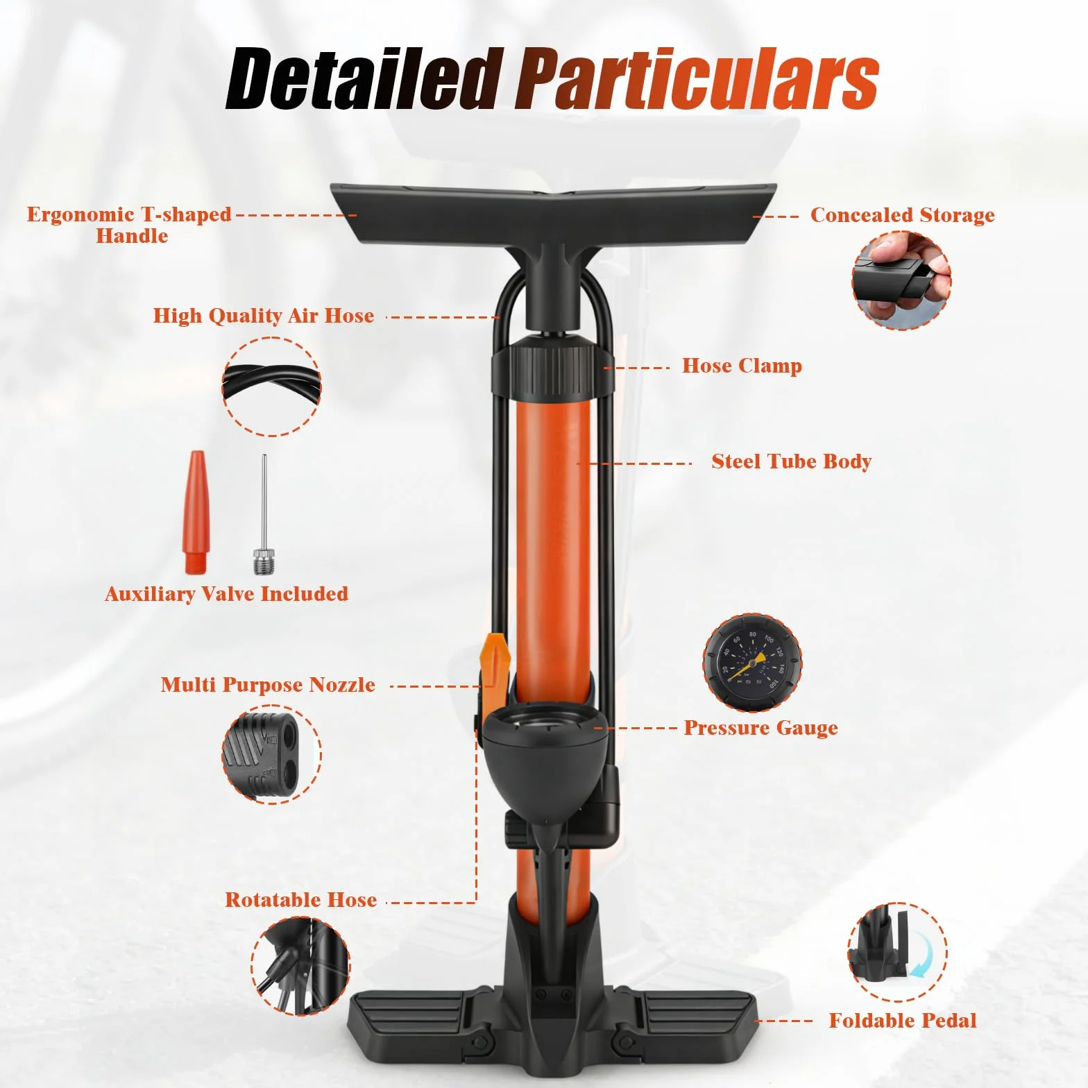 Pompa per Bicicletta da Pavimento con Manometro, Alta Pressione 160 PSI per Valvole Presta e Schrader, Arancione