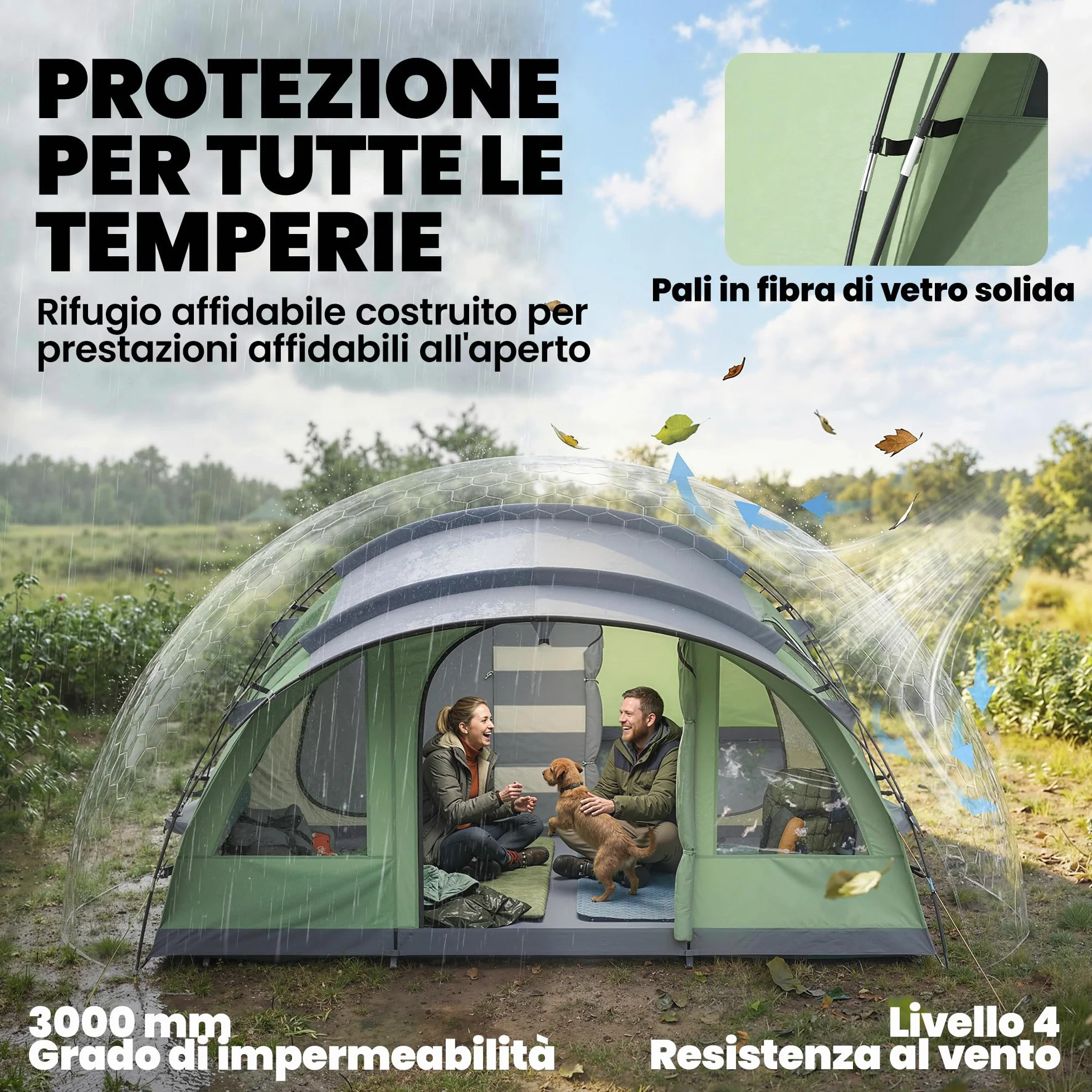 Outsunny Tenda Campeggio a Tunnel 5 Persone 196cm 2 Stanze Impermeabile 3000mm Verde Chiaro