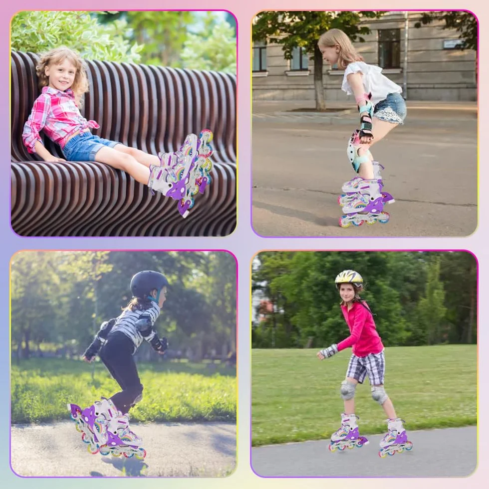 Pattini in linea regolabili per bambini ragazze ragazzi principianti, Pattini a rotelle per bambino e adolescente per lo sport Viola Arcobaleno