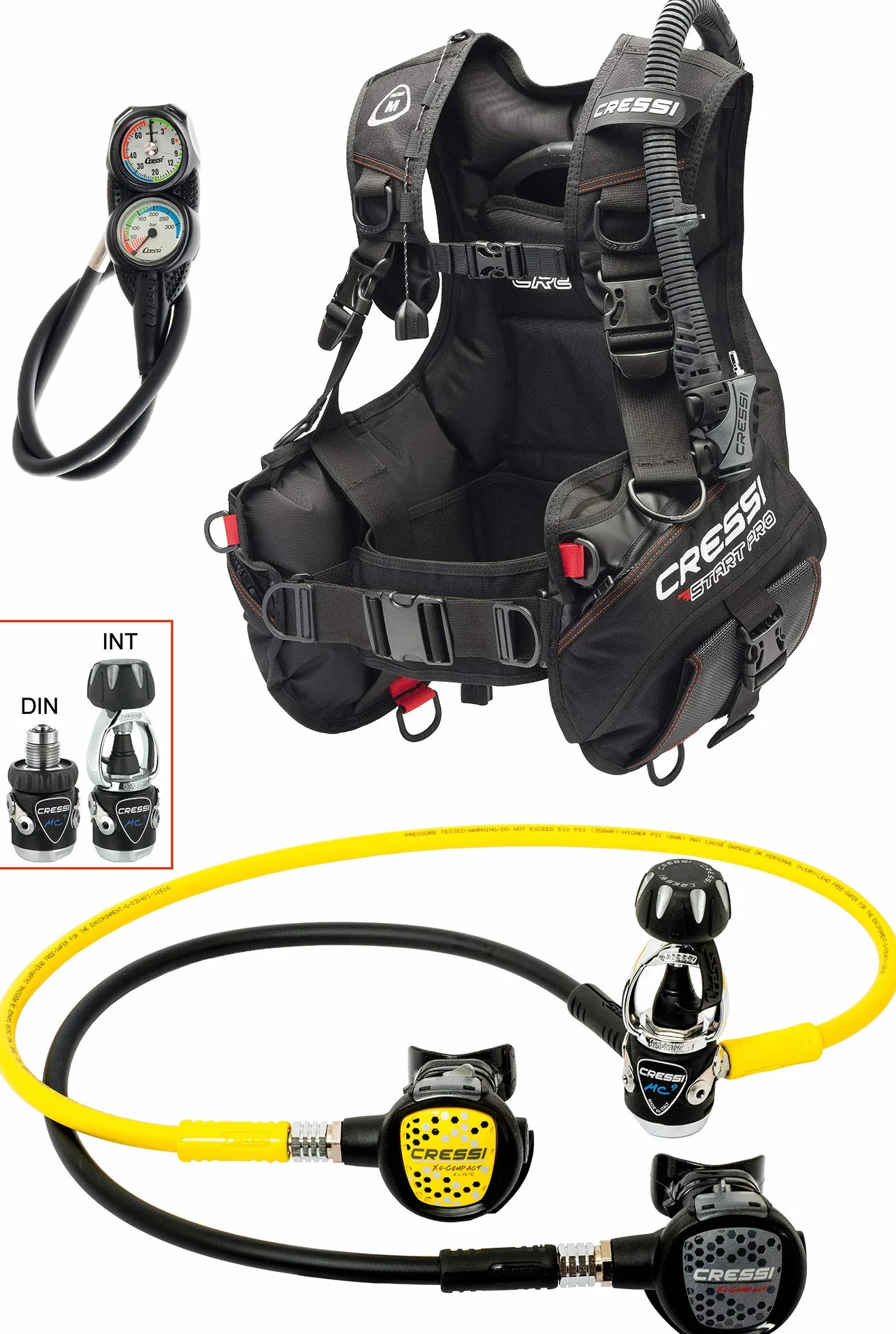 CRESSI Start Pro Scuba Set INT/DIN - Set Jacket Start Pro, Erogatore MC9 Compact e Octopus Compact + Console 2 con Frusta, Nero/Silver/Giallo. Unisex