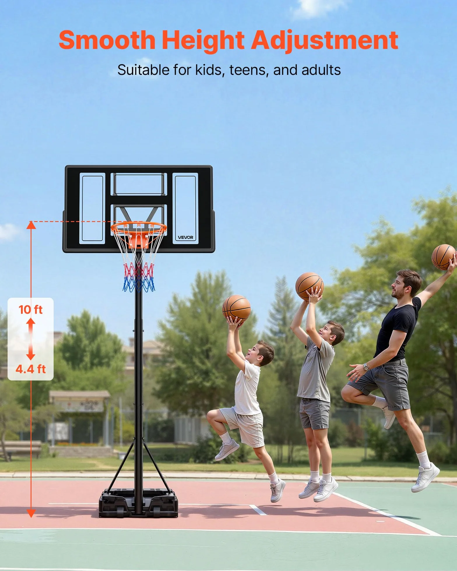 VEVOR Canestro da Basket da Esterno Regolabile in Altezza 3,05 m con Tabellone in PC 1117,6 mm e Ruote