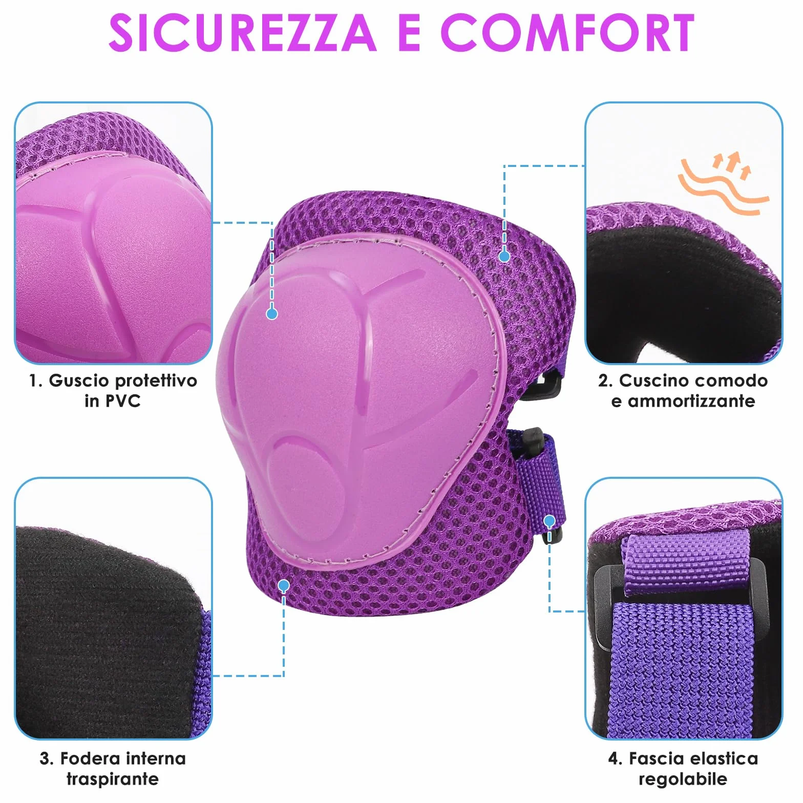 ZWOOS Protezioni Skateboard Bambino,Protezioni Bici Bambino con Casco Regolabile Ginocchiere Gomitiere, Protezioni Skateboard Bambini per Skateboard,Bicicletta,Pattinaggio, Monopattino (viola)