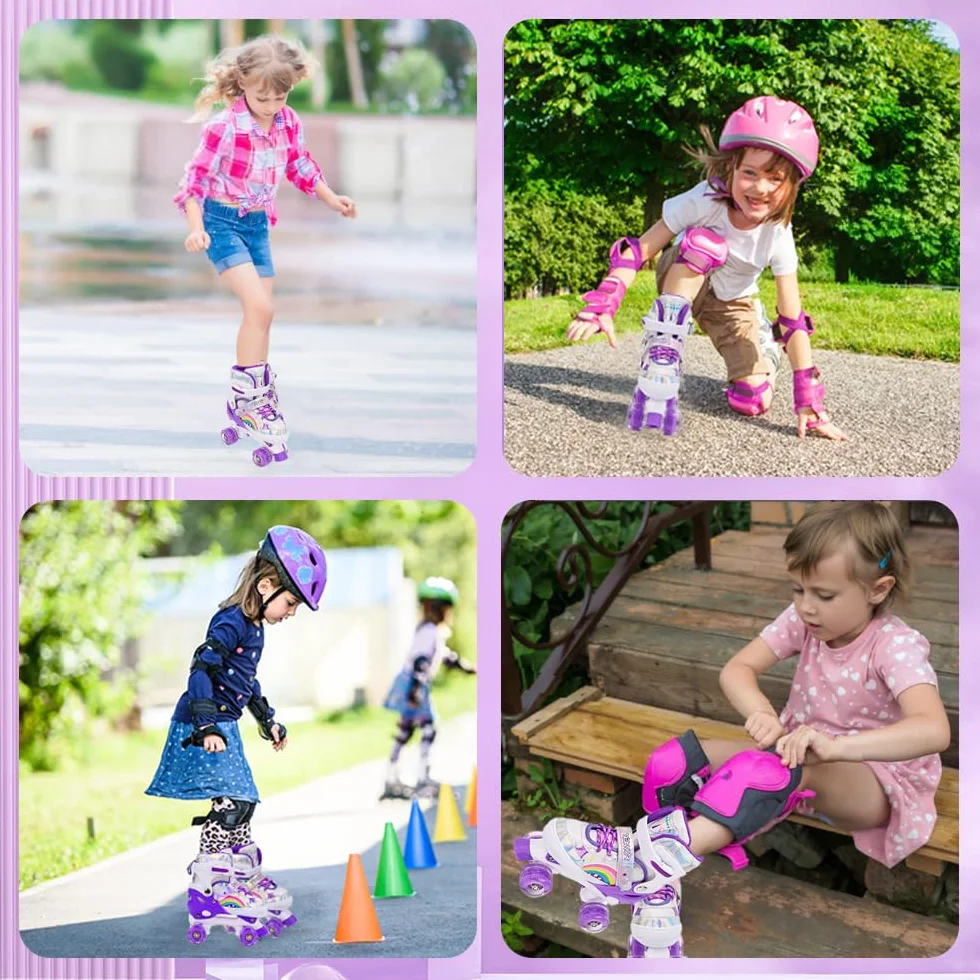 Pattini a rotelle per bambini ragazze ragazzi principianti, 4 misure regolabili per bambina e bambino con ruote luminose, pattini a rotelle Viola Arcobaleno per lo sport