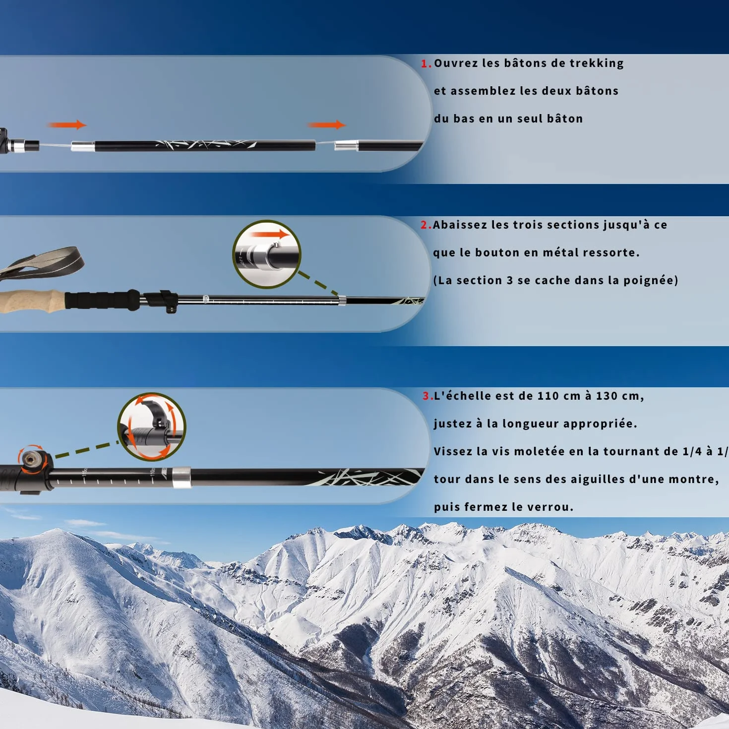 Bastoni Trekking 2 Pezzi Bastone da Trekking e Camminata Nordica Pieghevoli 36-130cm Alluminio Nordic Walking