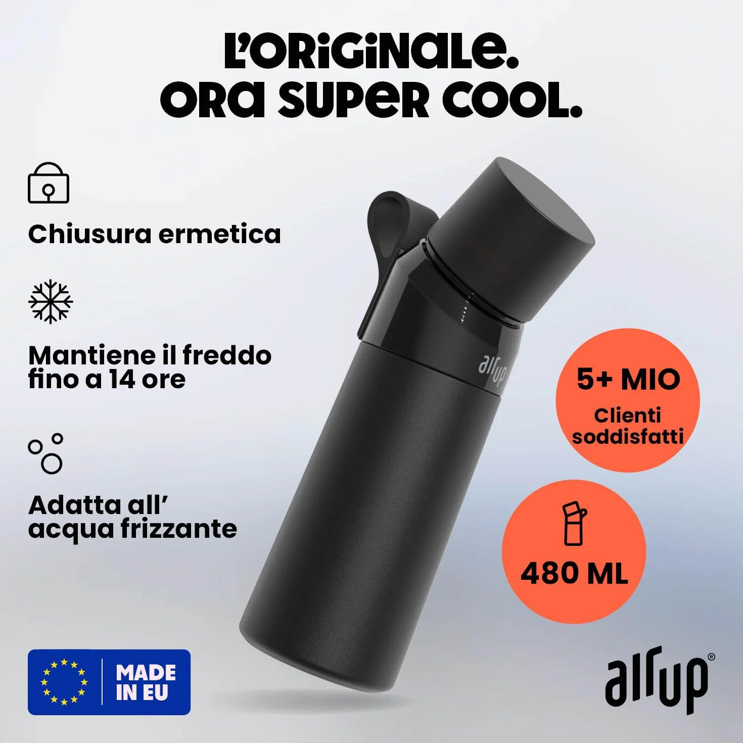 AIR UP® Borraccia Twist Pro Steel in acciaio inox Starter Set Originale 480 ml, mantiene il freddo per 14h, tappo ermetico, Nero
