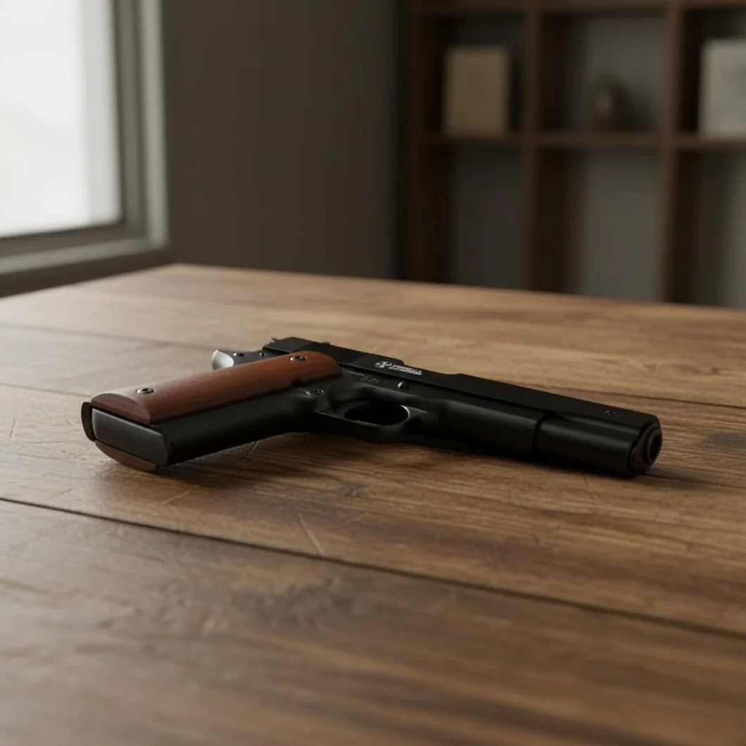 Pistola a Salve Mod. 1911 Top Firing 9 mm, Segnalatore Acustico Scacciacani, Nera e legno - Kit con Olio Ballistol