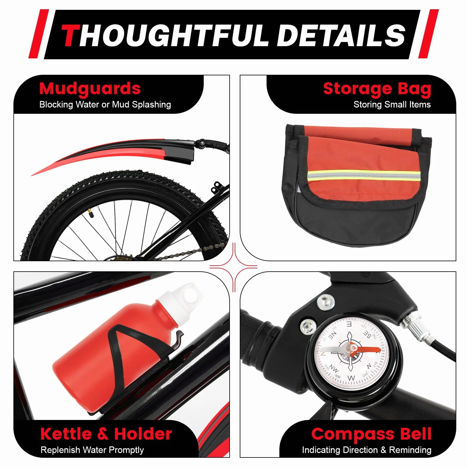 Mountain bike 20 pollici bambini telaio acciaio carbonio parafanghi doppio freno rossa campanello 85 kg
