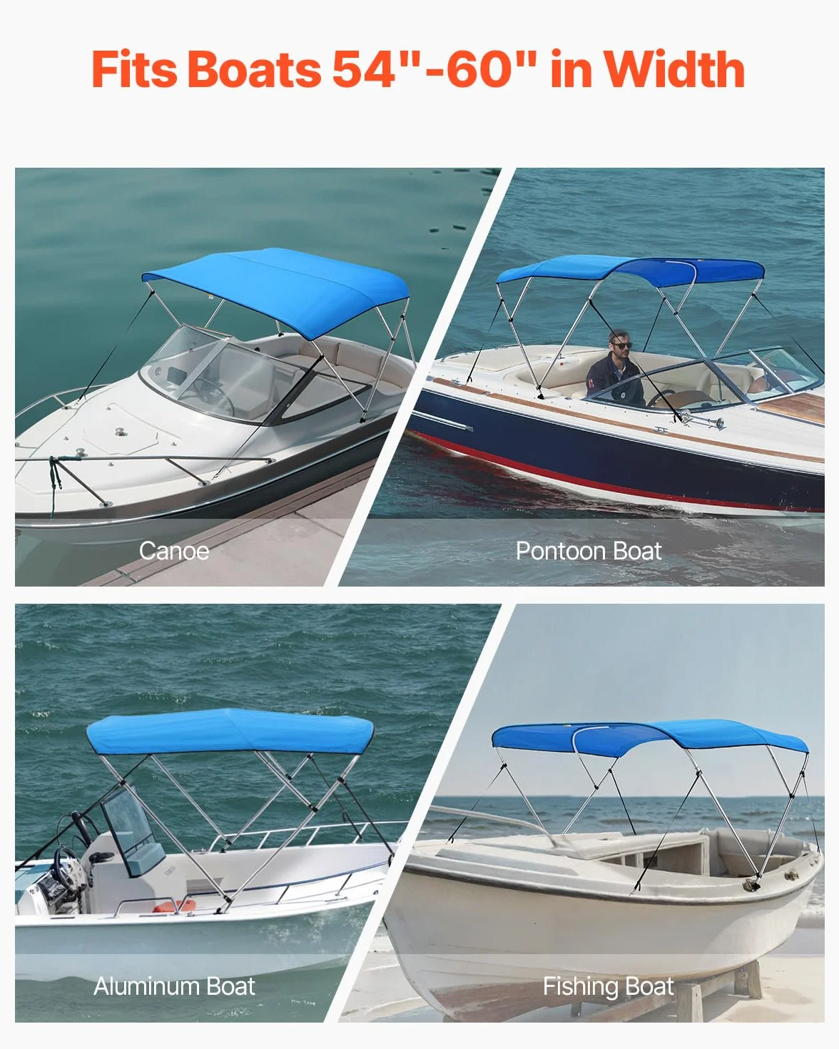 VEVOR Tendalino per Barca a 3 Archi, Poliestere 600D, Telaio in Lega di Alluminio, Impermeabile, Parasole, Larghezza 137-152 cm, Blu Pacifico