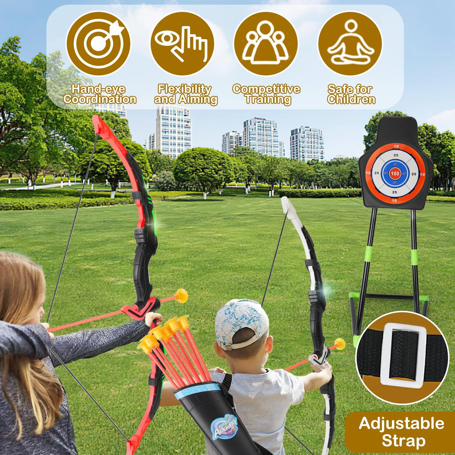 deAO Set Frecce e Archi con Luci LED per Bambini 4+ Anni 20 Frecce Ventosa 2 Archi Bersaglio