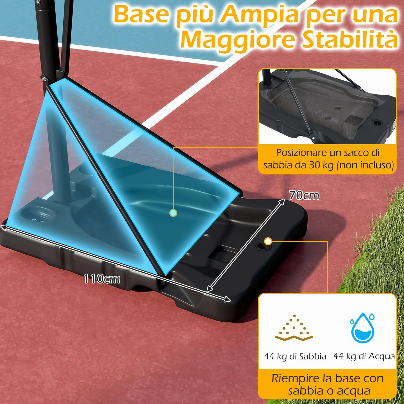 COSTWAY Canestro da Basket Portatile Altezza Regolabile 226-361 cm Tabellone Infrangibile Base Riempibile