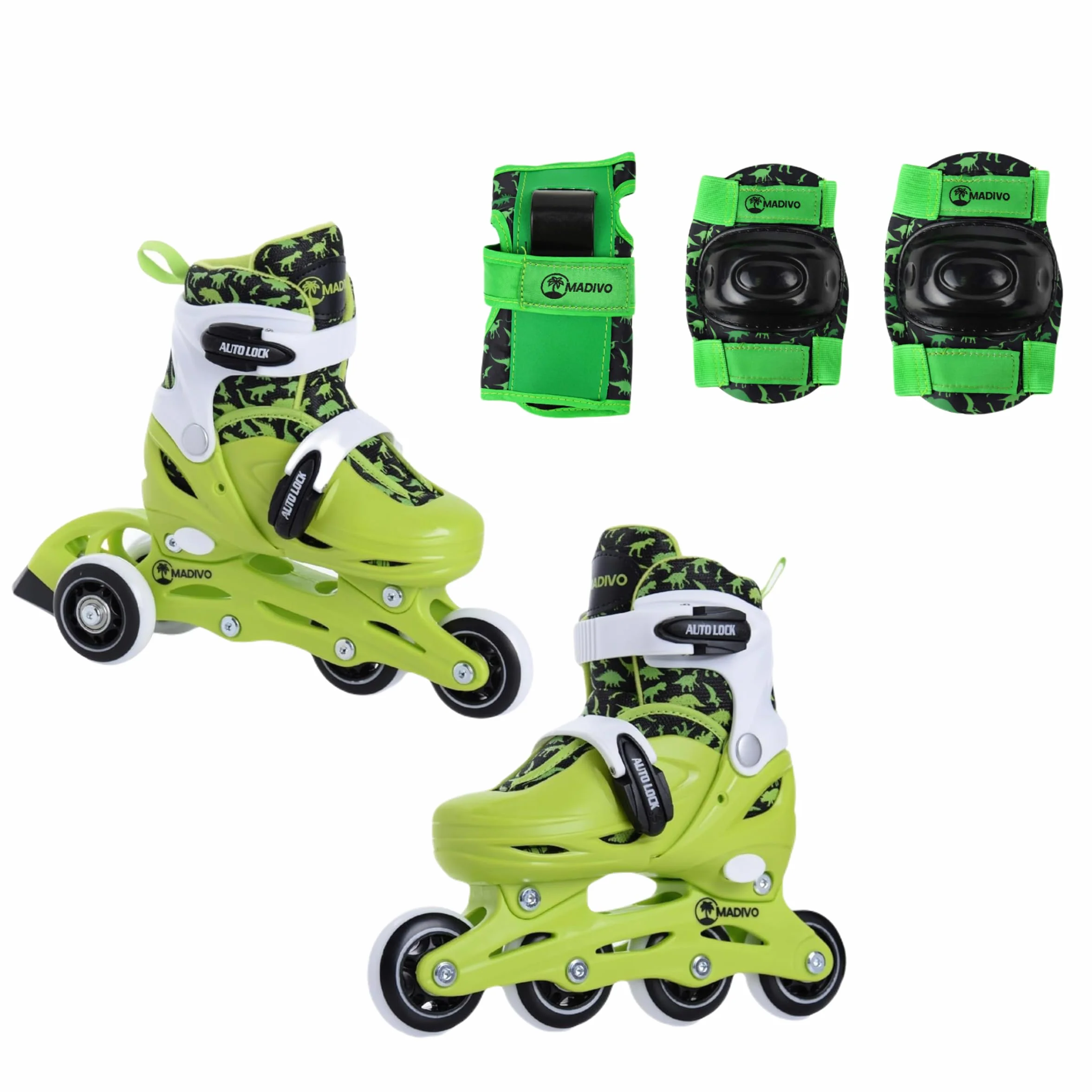 Madivo Set di pattini in linea 2 in 1 regolabili ABEC-5 convertibili in pattini a rotelle verde/nero 26-29 30-33