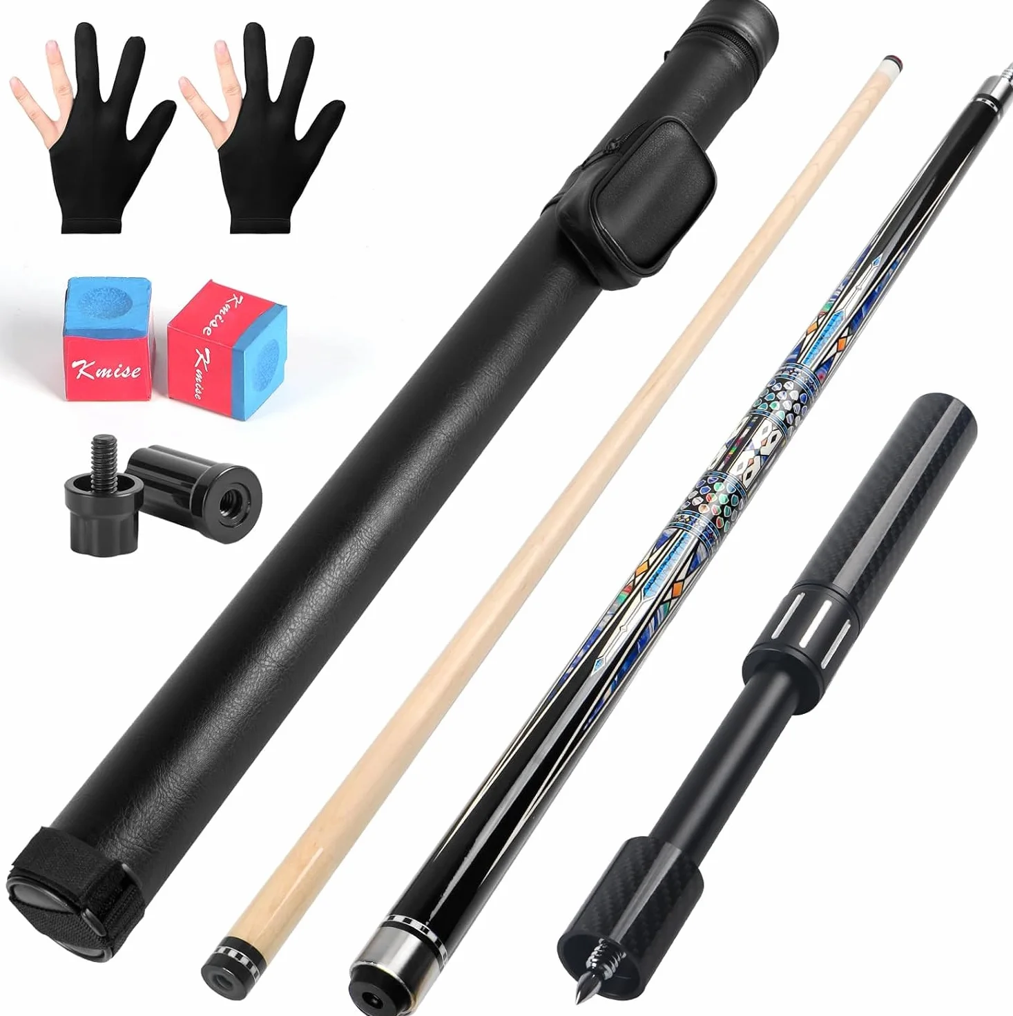 Kmise Bastone da biliardo in acero canadese con asta a bassa deflessione e prolunga telescopica in fibra di carbonio, set con custodia in pelle