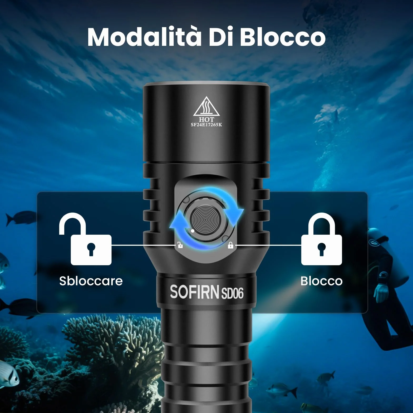 Sofirn SD06 Torcia Subacquea 3200LM 472M IPX8 6500K Professionale con Blocco e Interruttore Magnetico