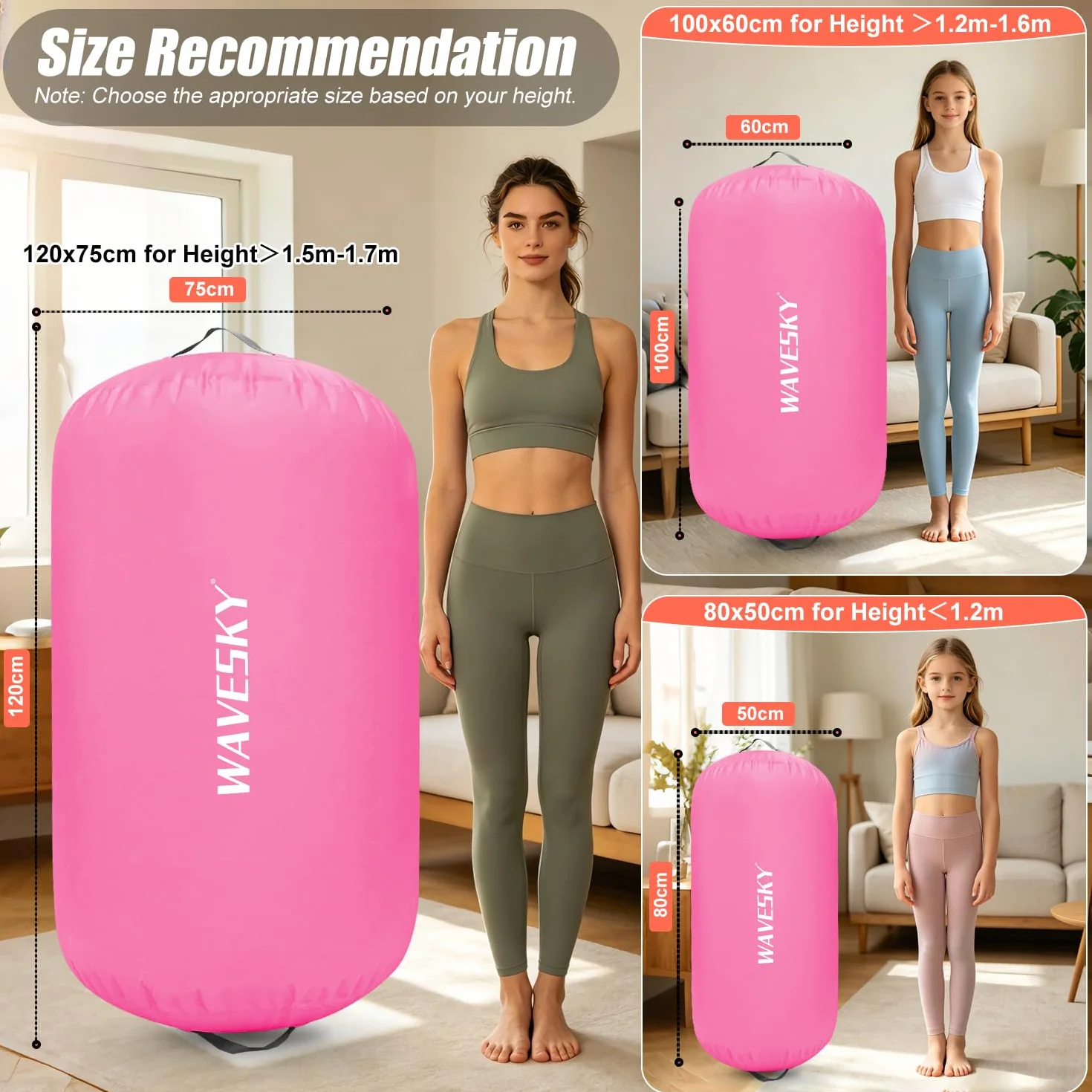 Air Roll Track, 80/100/120 cm, Air Roll Ginnastica Tumbling Matte, Air Barrel Tumbling Track per casa, attività all'aperto, fitness, allenamento (rosa, 100 x 60 cm)