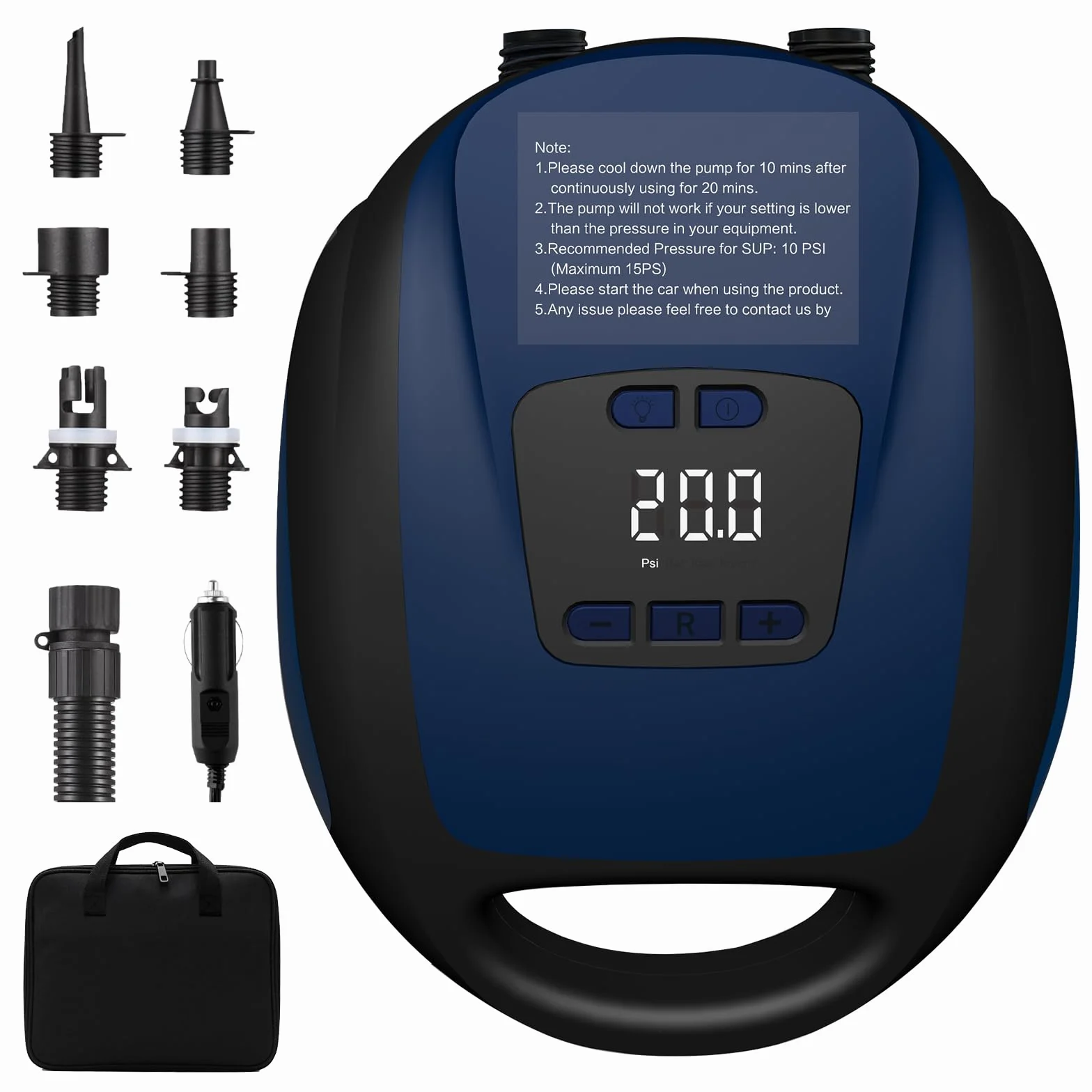 Pompa elettrica Sup – 20 psi paddle board pompa con 6 ugelli, funzione di gonfiaggio intelligente a doppio stadio, funzione di sgonfiaggio, connettore auto 12 V CC, pompa per tavole da paddle, kayak e