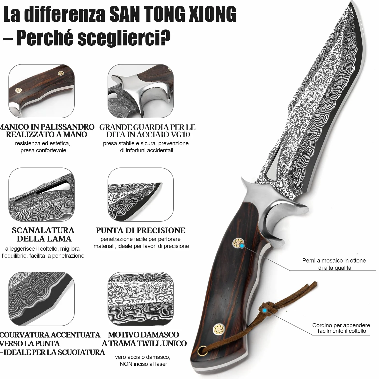 Coltello Outdoor in Acciaio Damasco 26,4 cm con Fodero, Lama Fissa Artigianale VG10, Manico in Legno, per Camping, Bushcraft e Attività all’Aperto