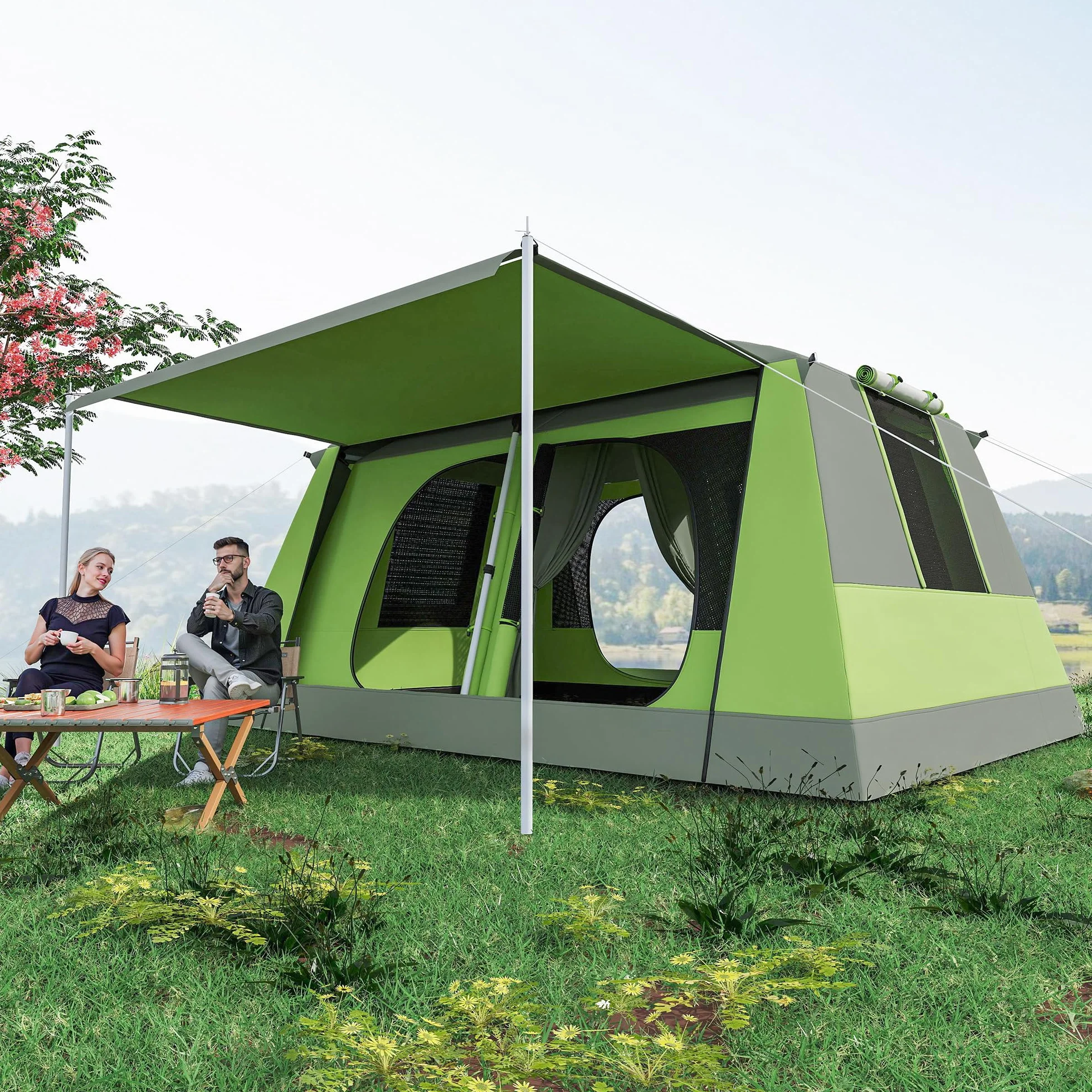 Outsunny Tenda da Campeggio a Tunnel 4 Persone 2 Stanze Impermeabile 3000mm 405x305x225cm Verde