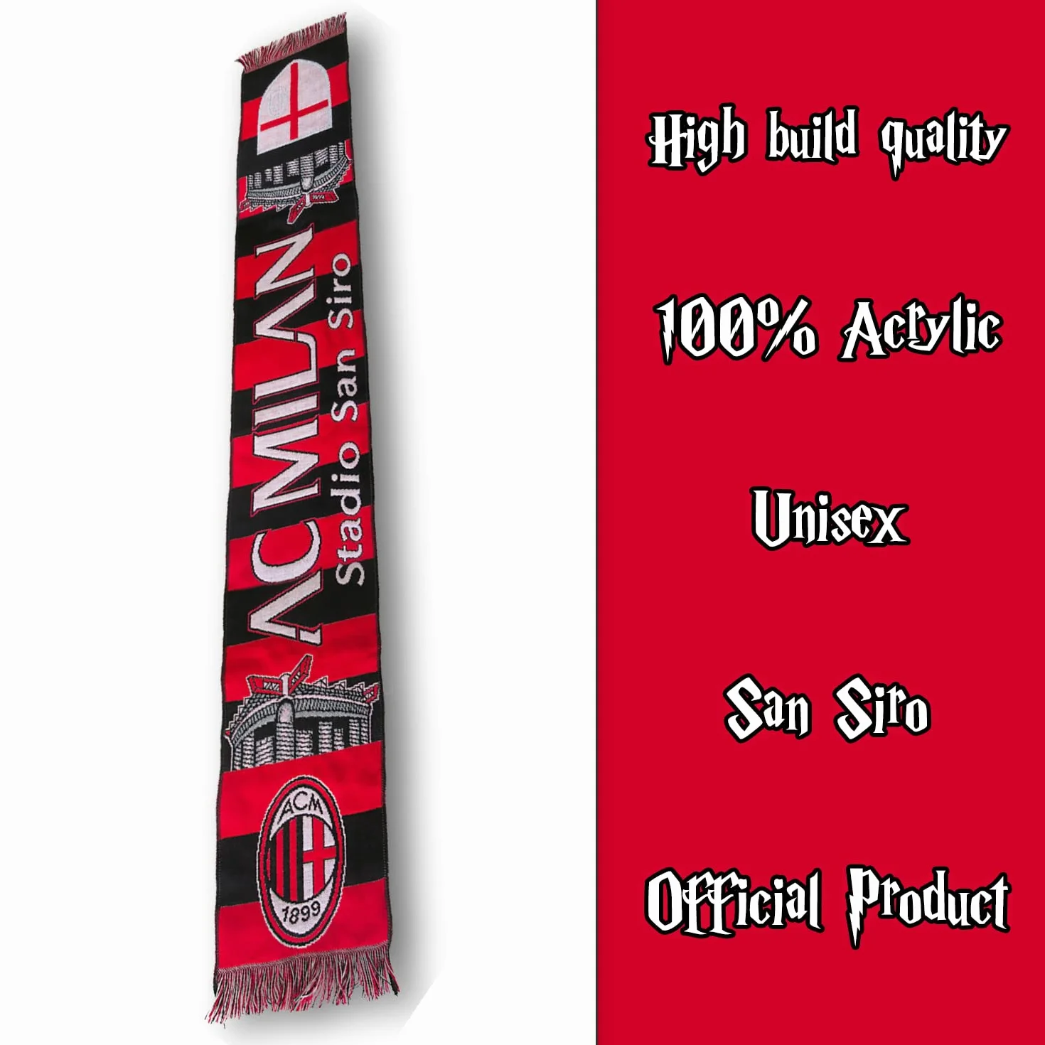 Sciarpa Ufficiale Milan Stadio San Siro 100% Acrilico Rosso Nero Unisex