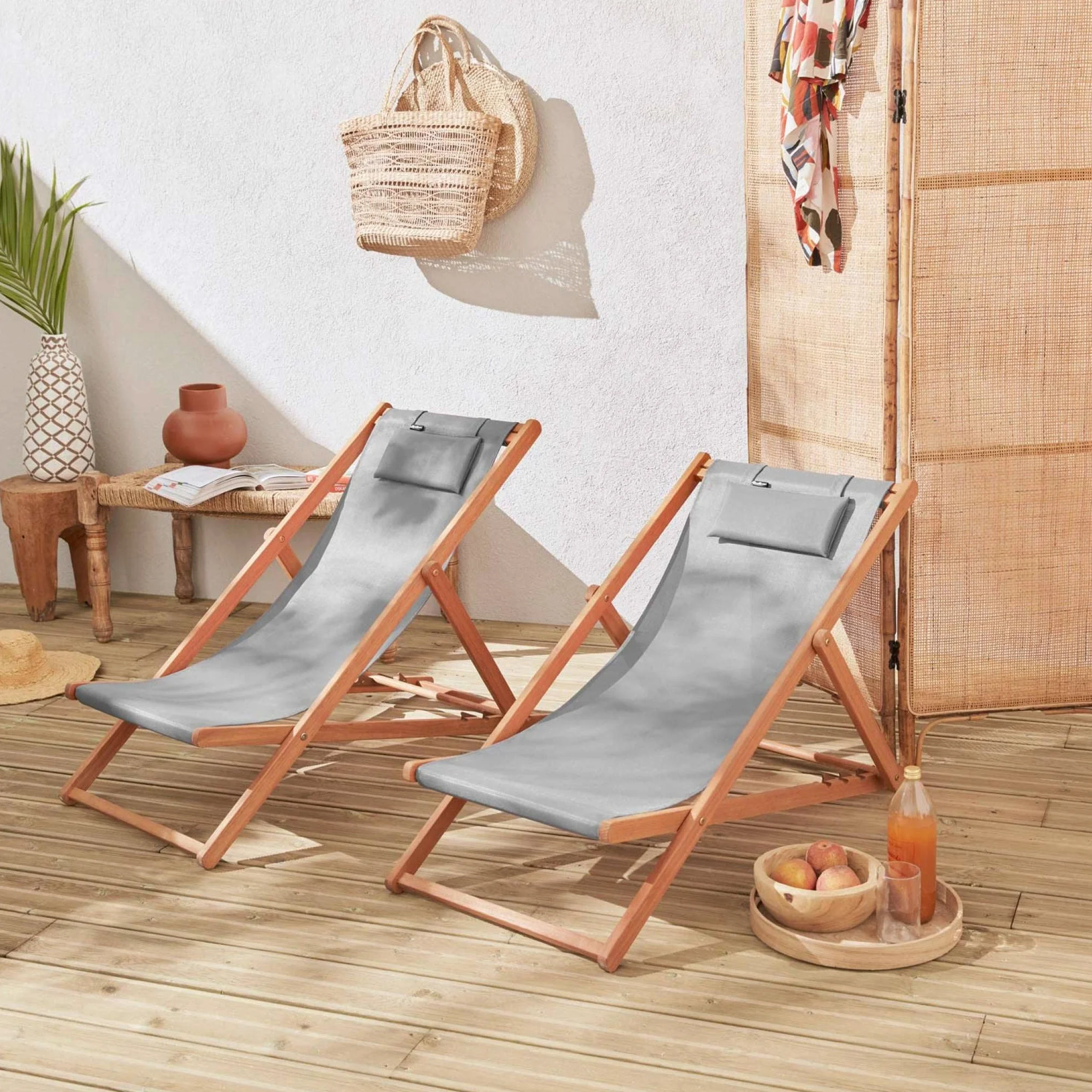 Set 2 sedie sdraio in legno con cuscino poggiatesta Grigio bruno - 102x56x86 cm