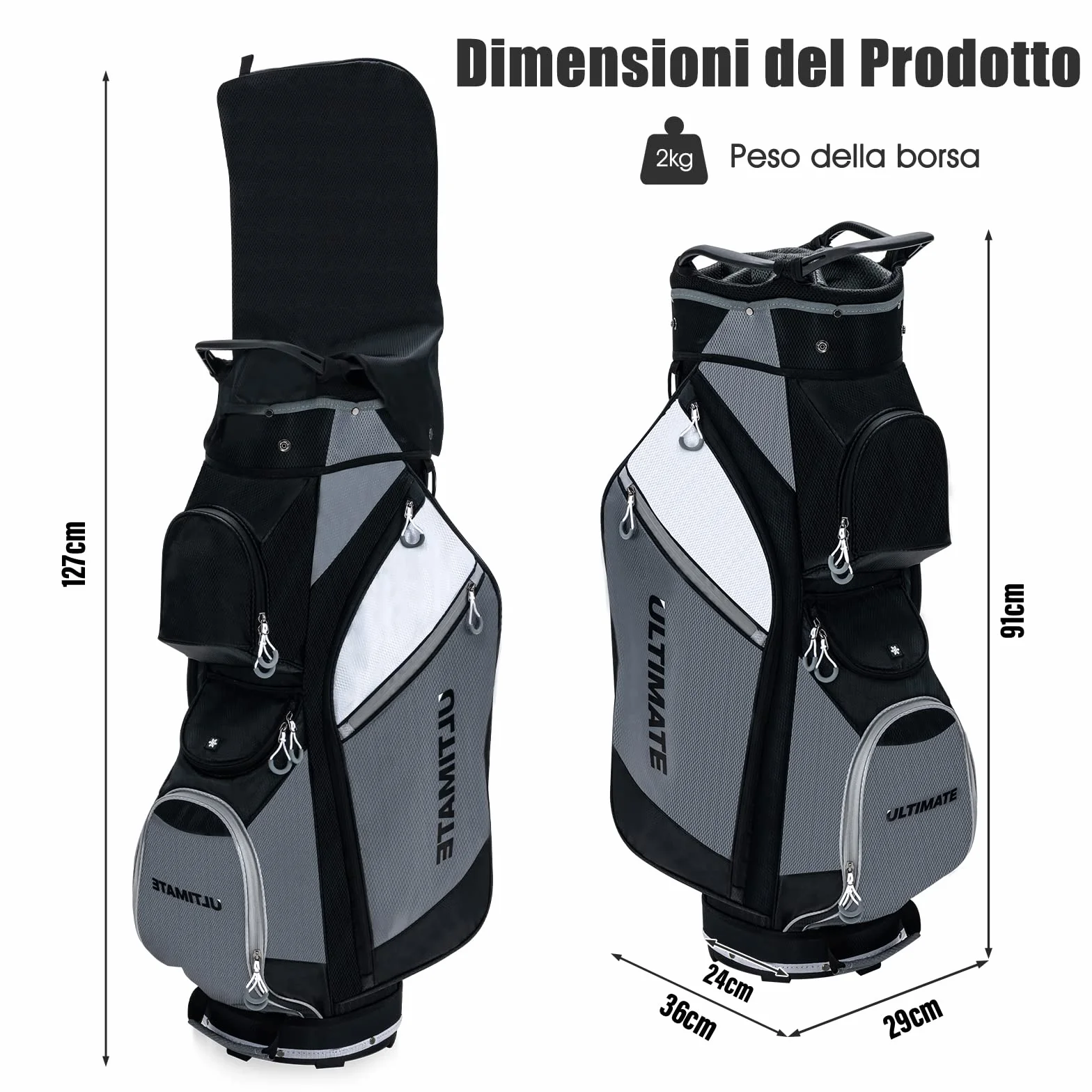 COSTWAY Borsa da Golf 14 Divisori Sacca Mazze Borsa Termica Cappuccio Impermeabile Maniglie Tracolla Nero Grigio