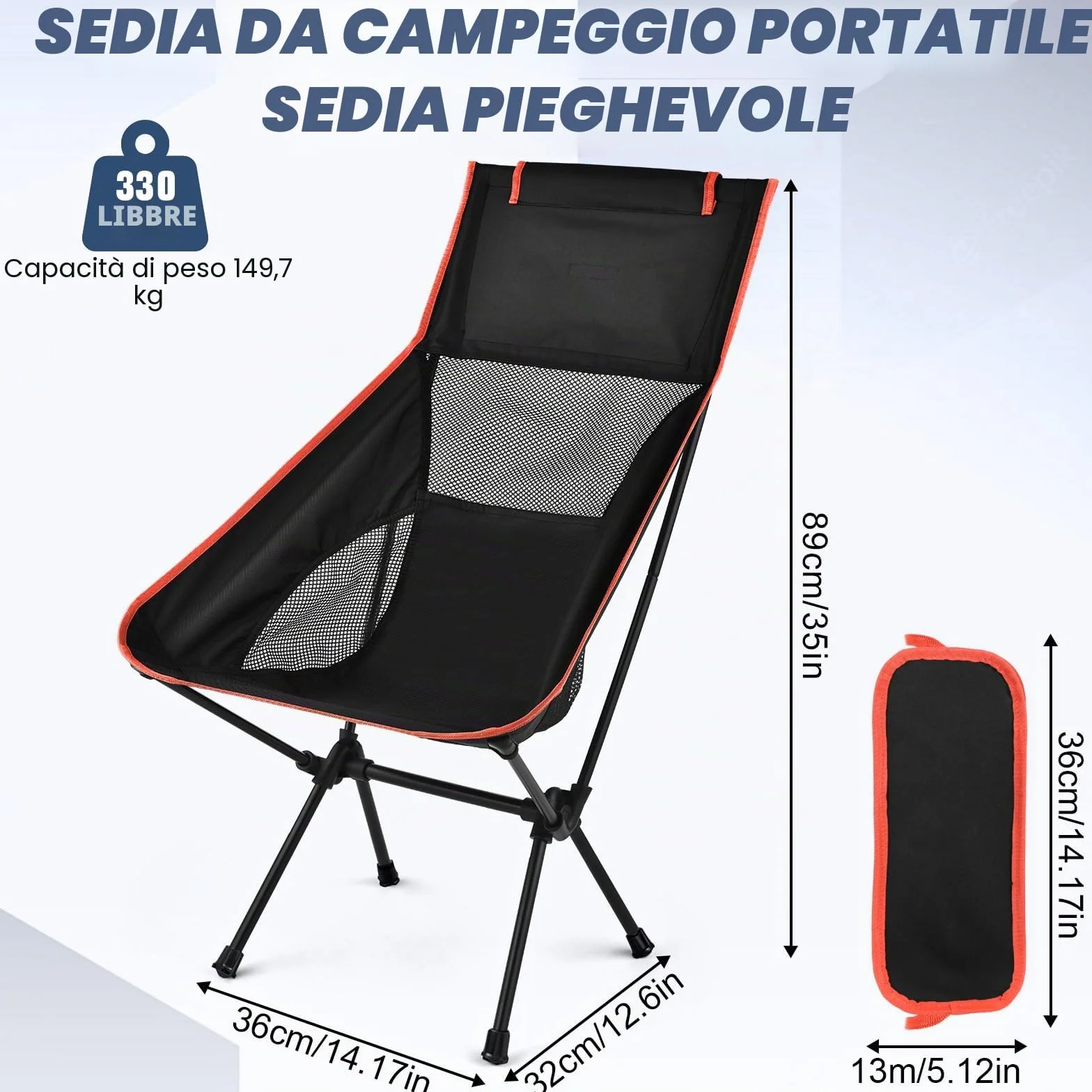 Sedia da Campeggio Pieghevole Ultraleggera 150 kg con Borsa da Trasporto Nero