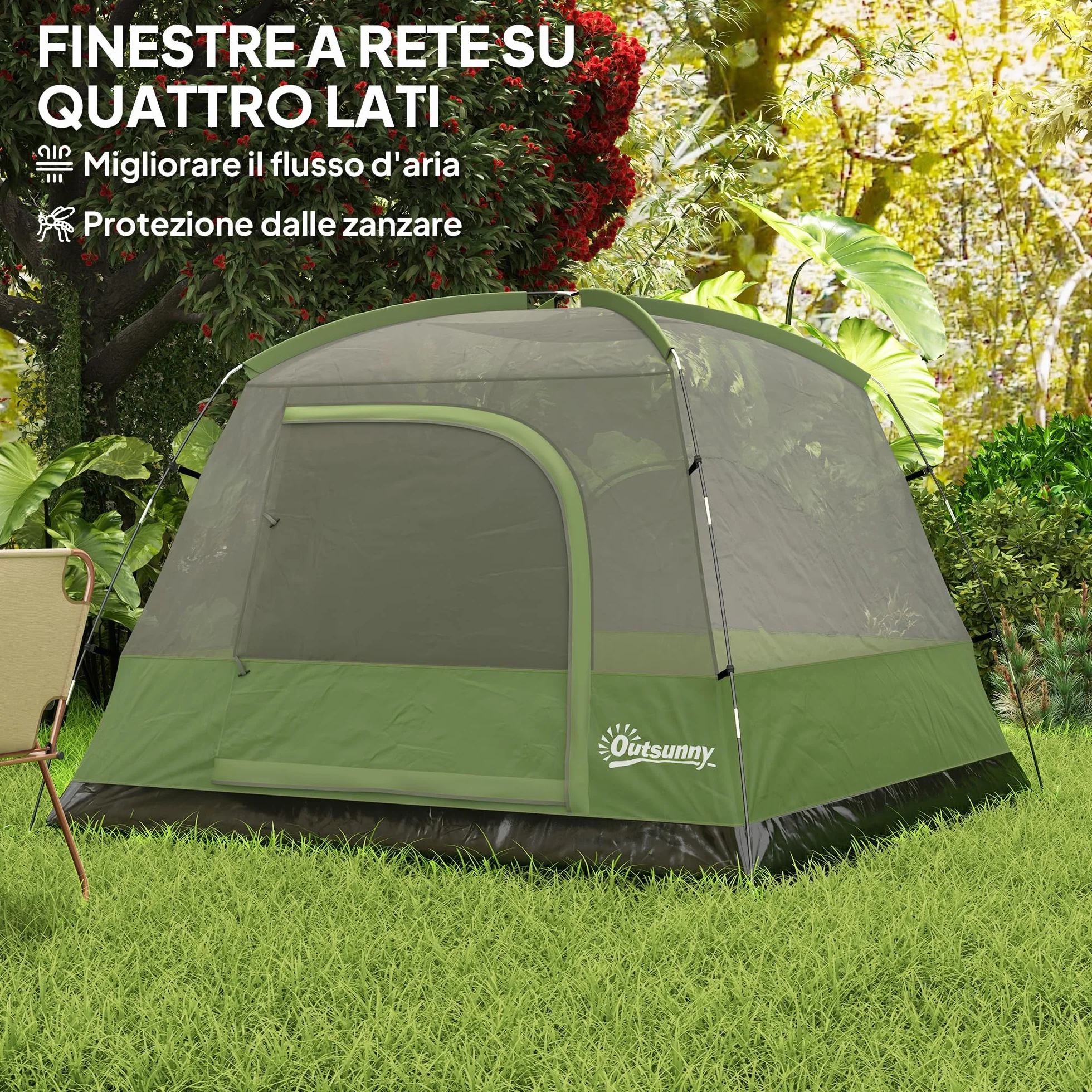Outsunny Tenda da Campeggio 3 Persone Impermeabile 3000mm a Cupola con Pavimento