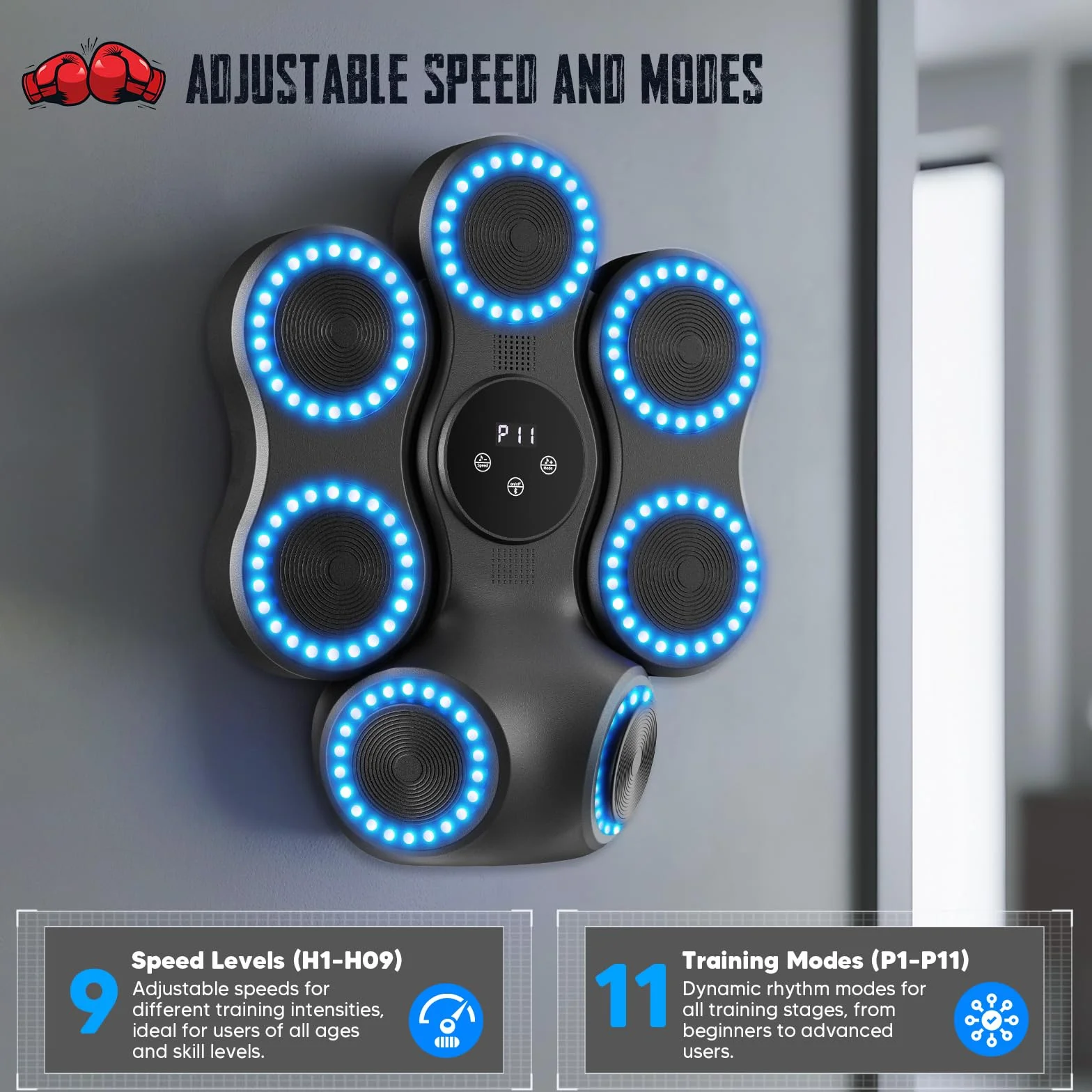Music Boxing Machine, Pungiball Elettrico con Bluetooth&Schermo LED, 9 Velocità Regolabili,11 Modalità di Allenamento, Pad da Pugilato a Parete, Attrezzatura Fitness Intelligente per Adulti e Bambini