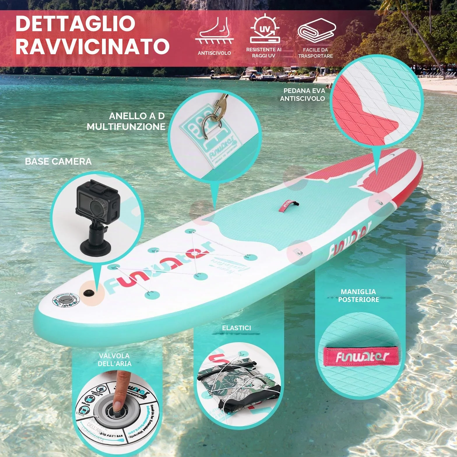 FunWater SUP Tavola Gonfiabile con Pinne, Guinzaglio, Pompa, Pagaia, Zaino per Adulti e Ragazzi