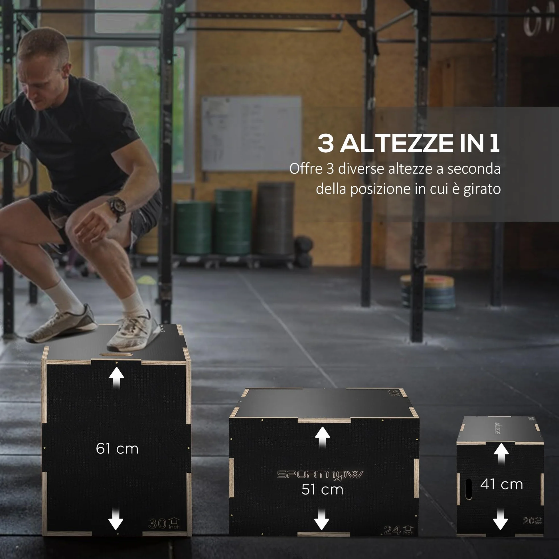 SPORTNOW Box Pliometrico 3 in 1 Plyo Box Legno Antiscivolo 3 Altezze Allenamento Casa Palestra Nero