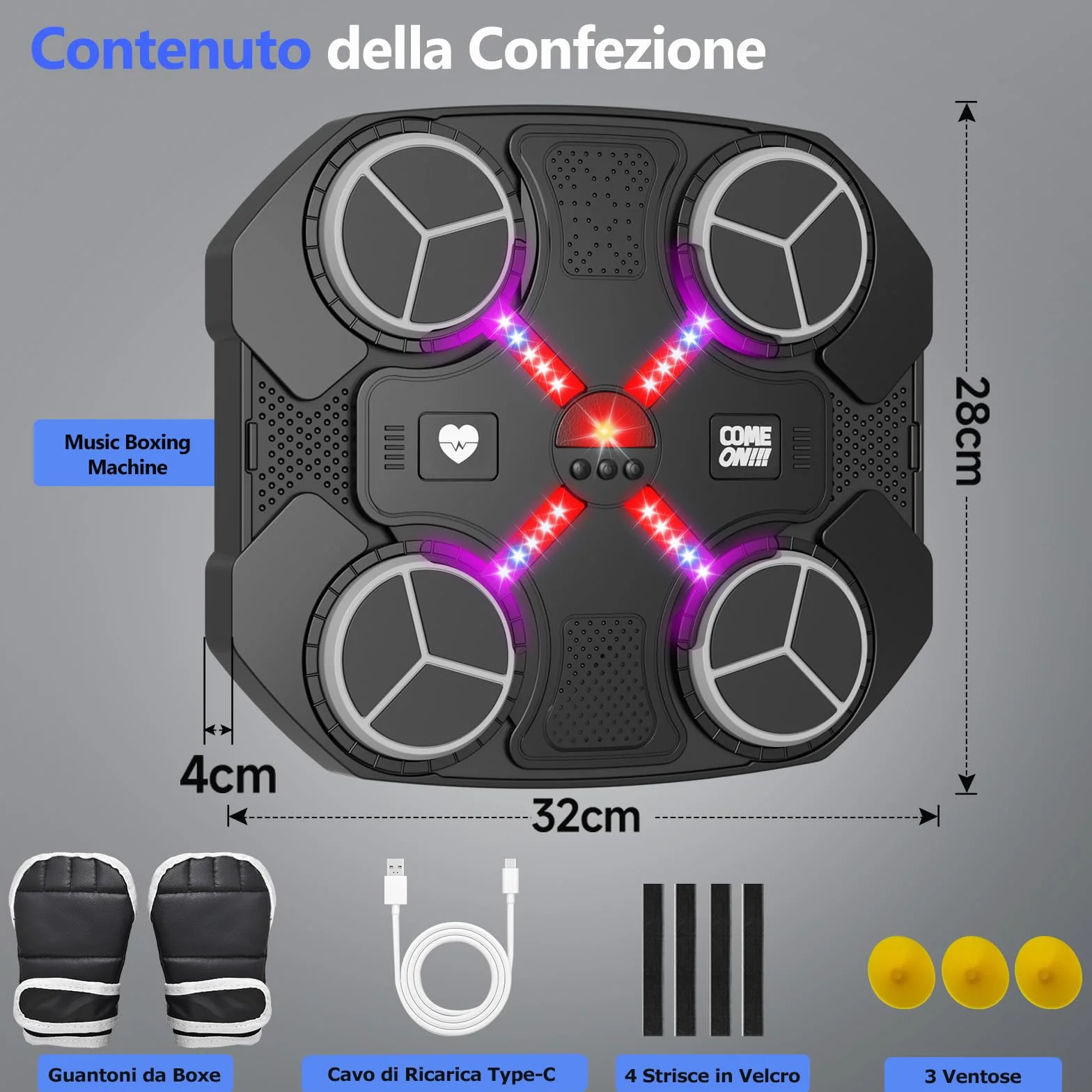 Macchina da Boxe Musicale, Music Boxing Machine Bluetooth Ricaricabile da Montare a Muro con 3 Livelli di velocità, Guanti, Luci Colorate, Cuscinetti da Boxe, Regalo per Ragazzi e Ragazze (Nero)