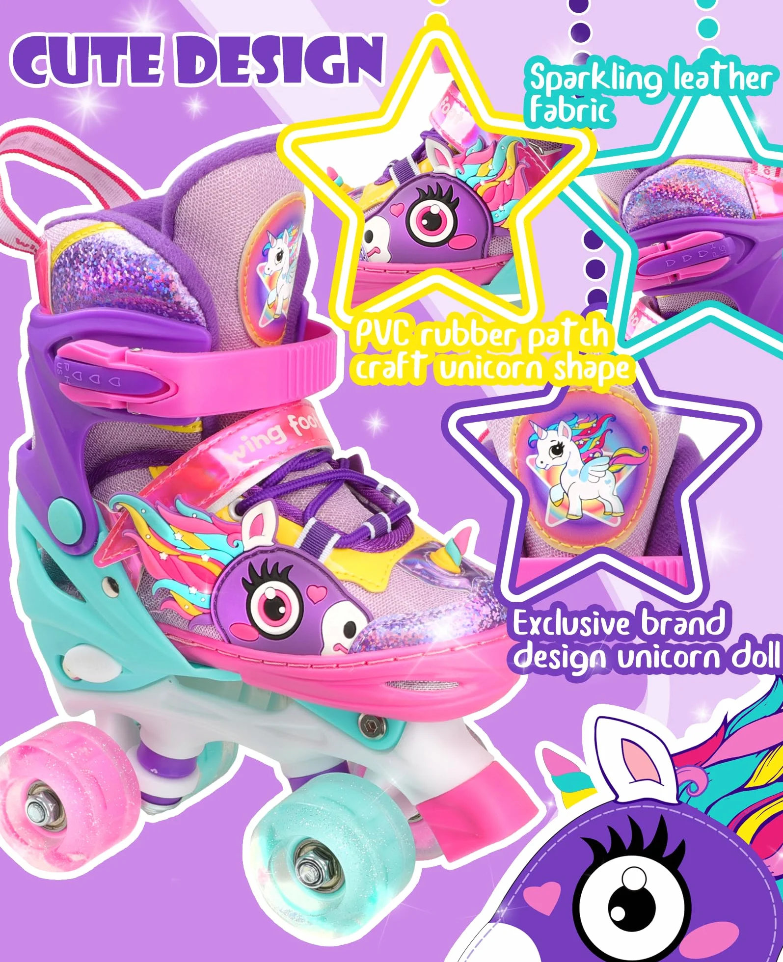 Pattini a Rotelle Bambina Regolabili 4 Ruote LED Unicorno per Principianti Ragazza