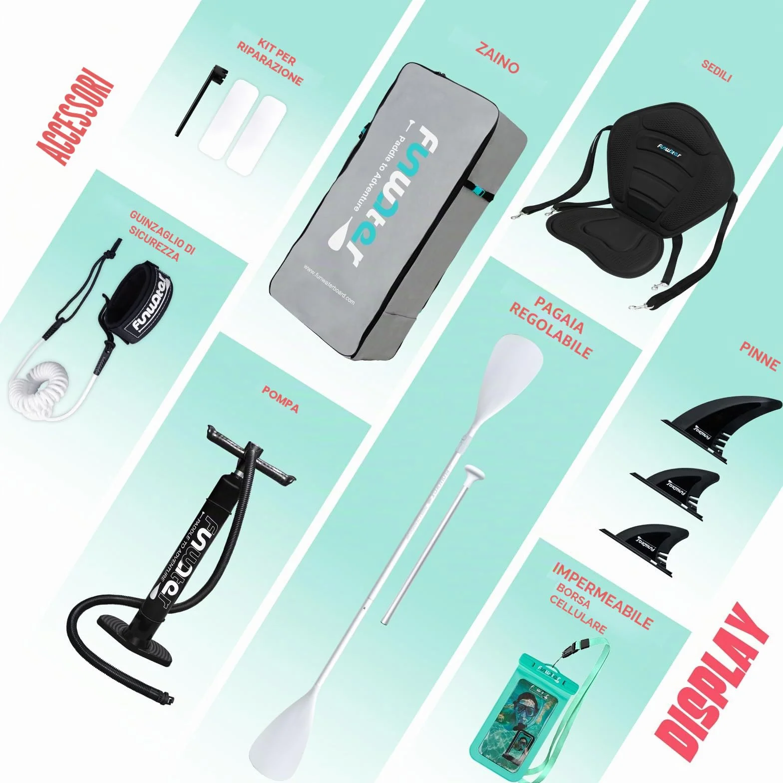 FunWater SUP Tavola Gonfiabile con Pinne, Guinzaglio, Pompa, Pagaia, Zaino per Adulti e Ragazzi