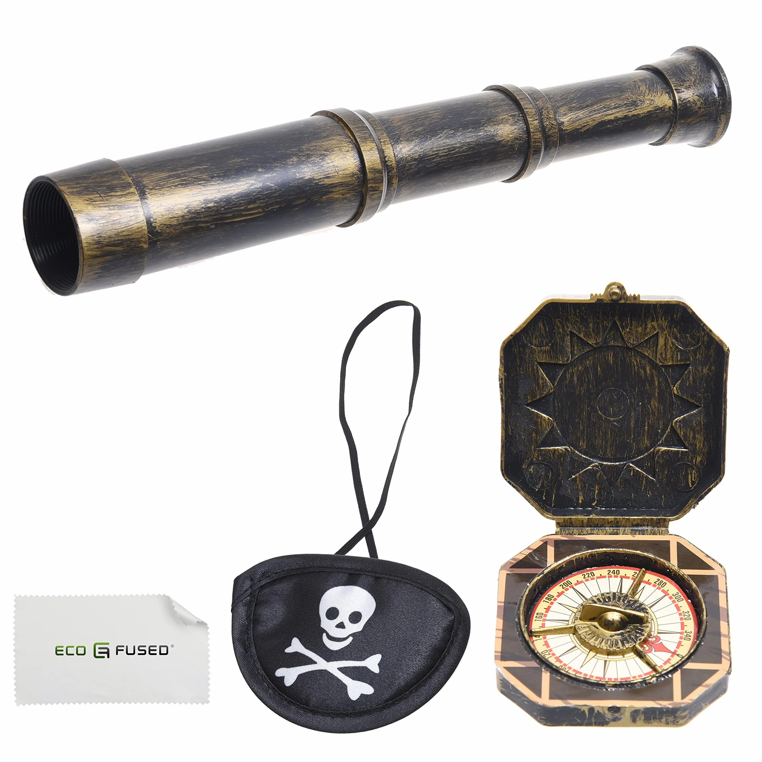 Pirata Cannocchiale Telescopio e Bussola di Scena con Benda sull'Occhio - Accessori per Feste Vintage