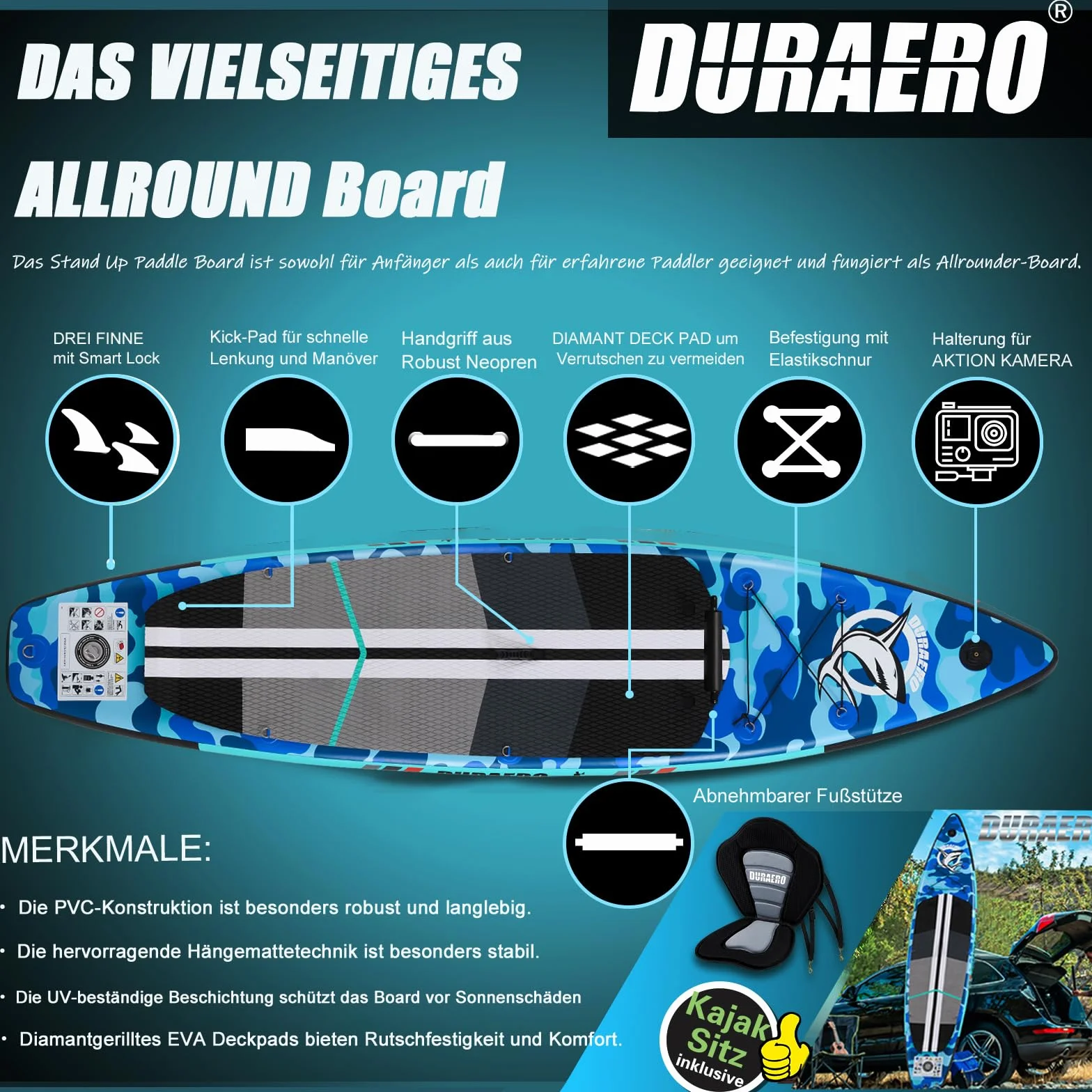 Tavola gonfiabile Stand Up Paddle 330x76x15 cm portata 150 kg blu mimetico