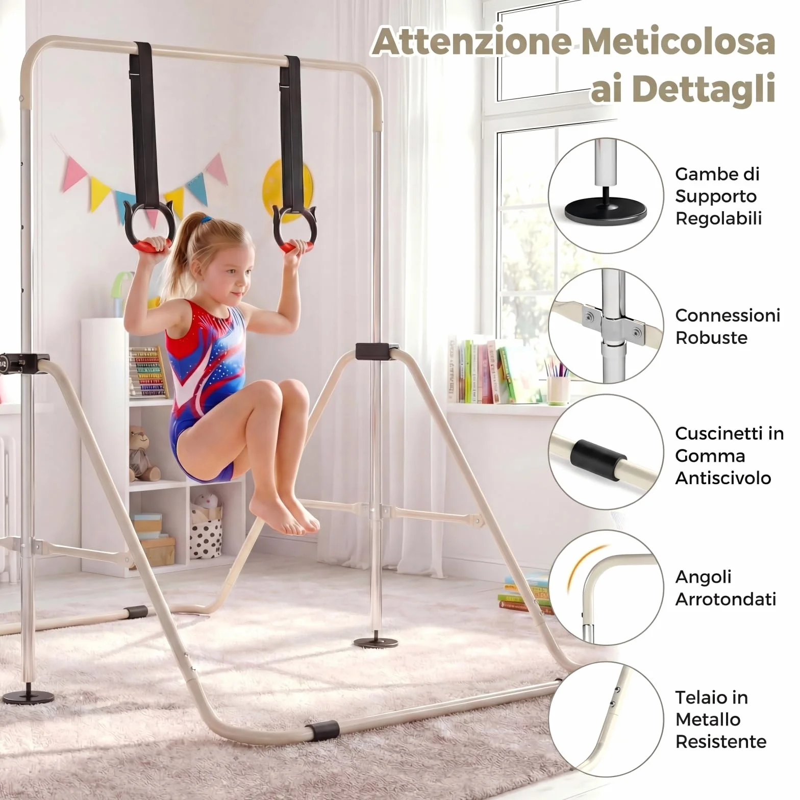 COSTWAY Sbarra Ginnastica Pieghevole per Bambini, Regolabile a 4 Livelli con Anelli e Cuscinetti Antiscivolo