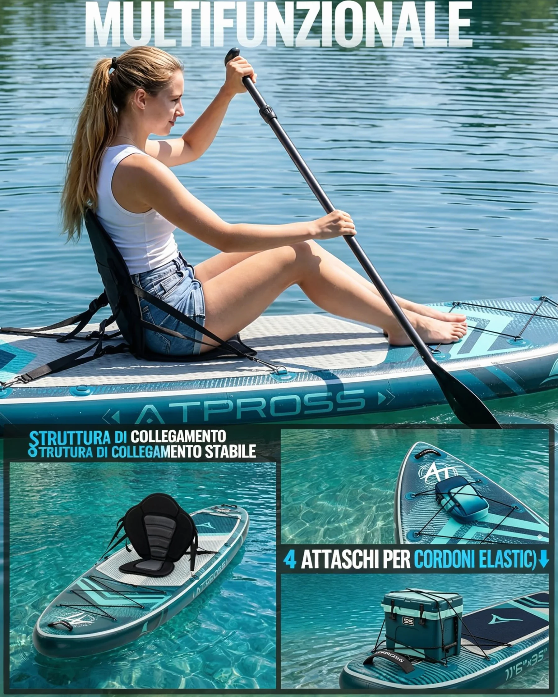Tavola SUP Gonfiabile 320x84cm Stand Up Paddle Extra Largo per 2 Persone, Portata 200kg, Canoa Gonfiabile Stabile Antiscivolo