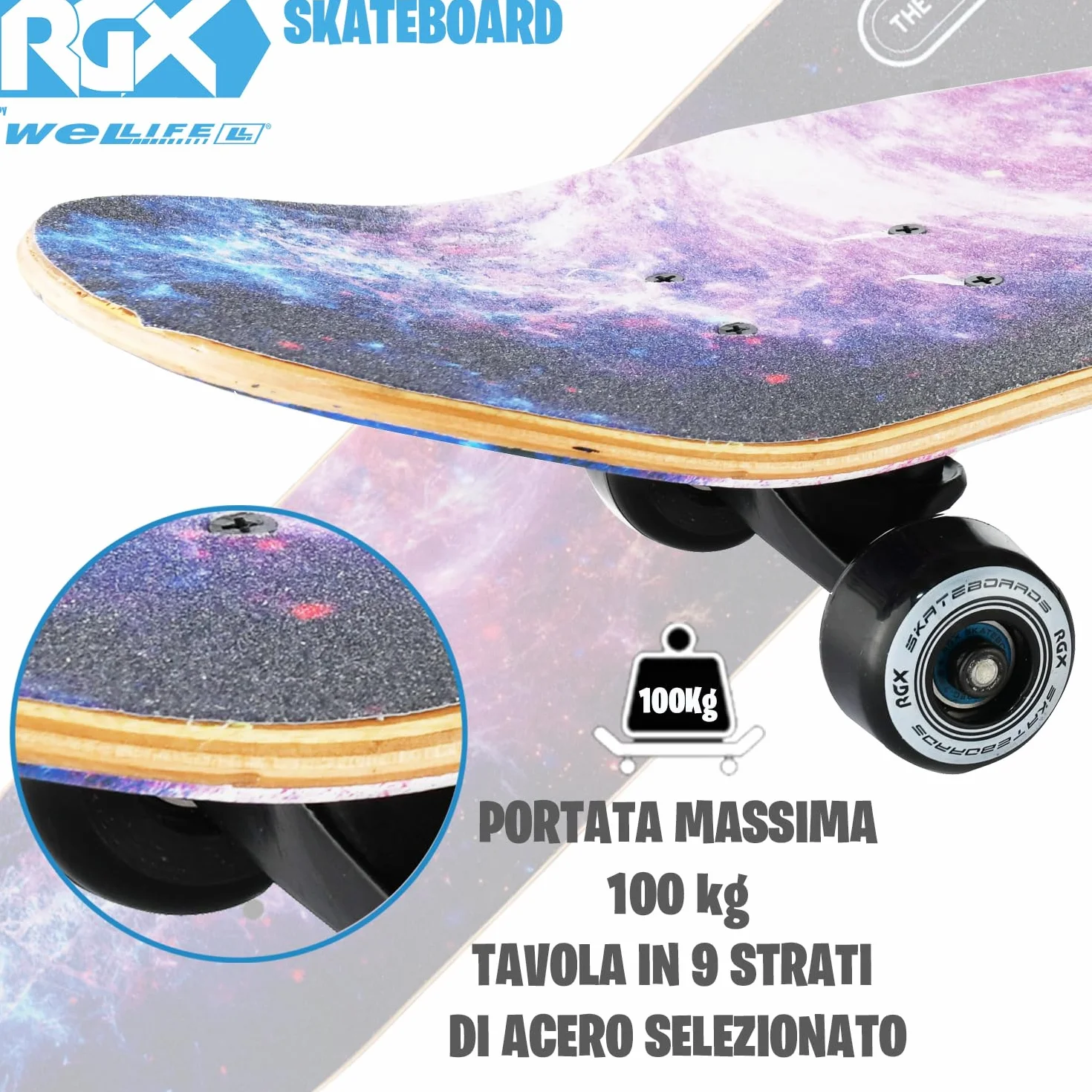 WeLLIFE Skateboard Completo Serie RGX 80x20 cm 9 Strati d’Acero Concavo Double Kick Cuscinetti Abec-7