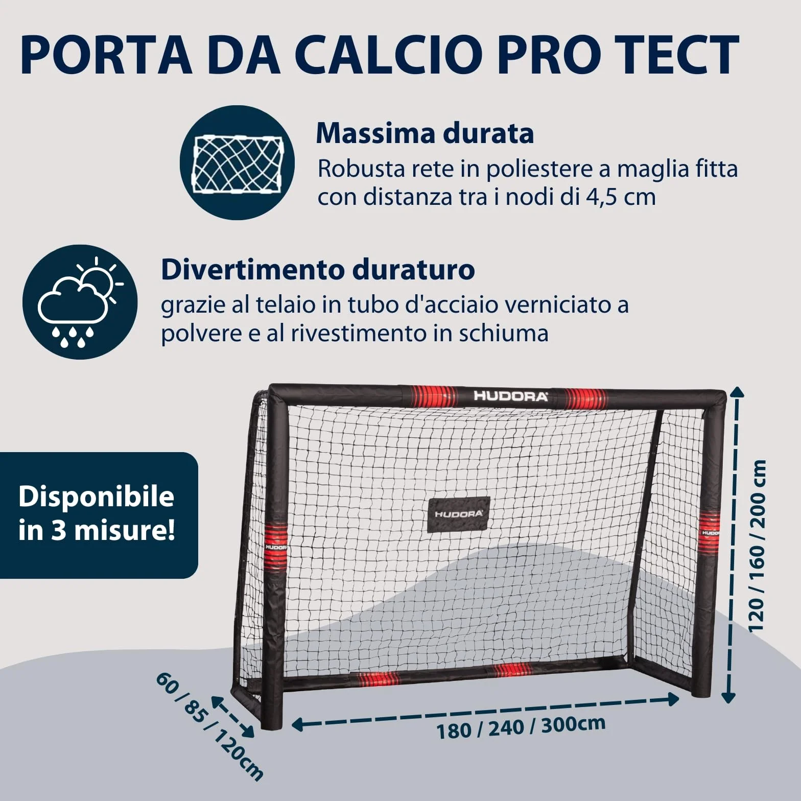 HUDORA Porta da calcio Pro Tect Grande, rivestita in gommapiuma con rete, antiurto