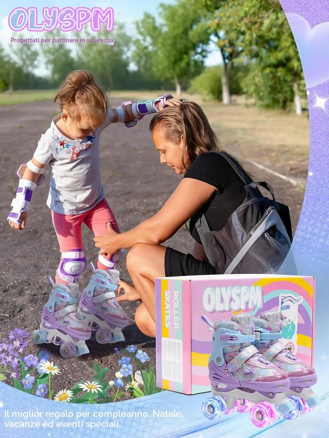 Pattini a Rotelle Bambina con Cuori Sognanti e Ruote Luminose, 4 Taglie Regolabili